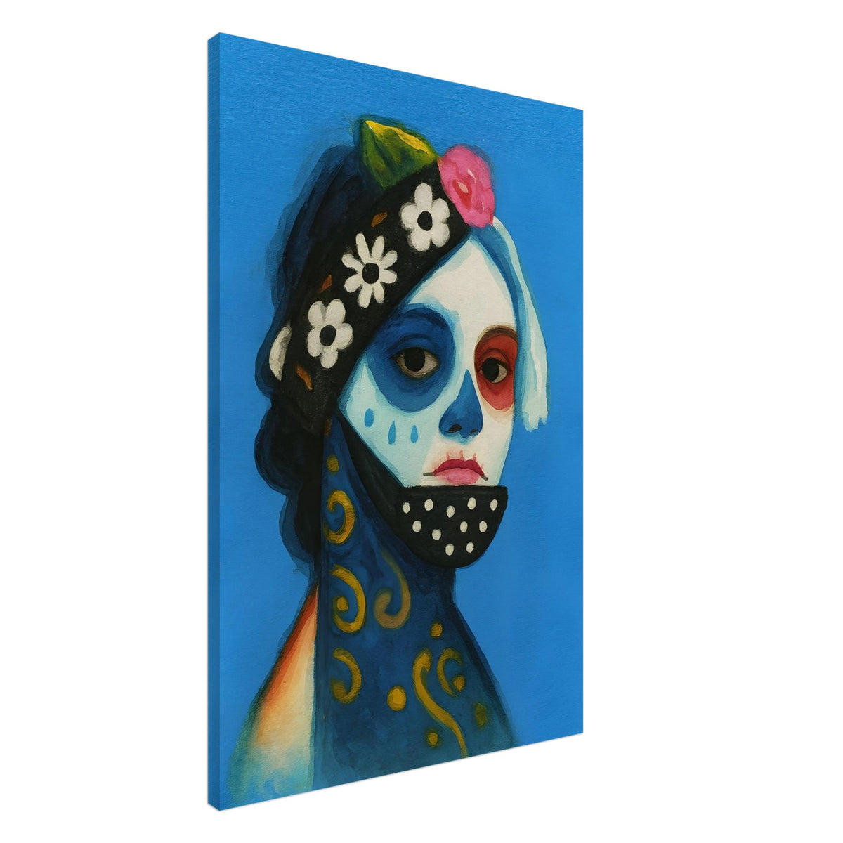 Day of the Dead Watercolor Canvas, Día de los Muertos Masked Woman Wall Art, Mexican Folk Art A3 Print, Skeleton Face Painting Slim Canvas 60x90 cm 24x36″