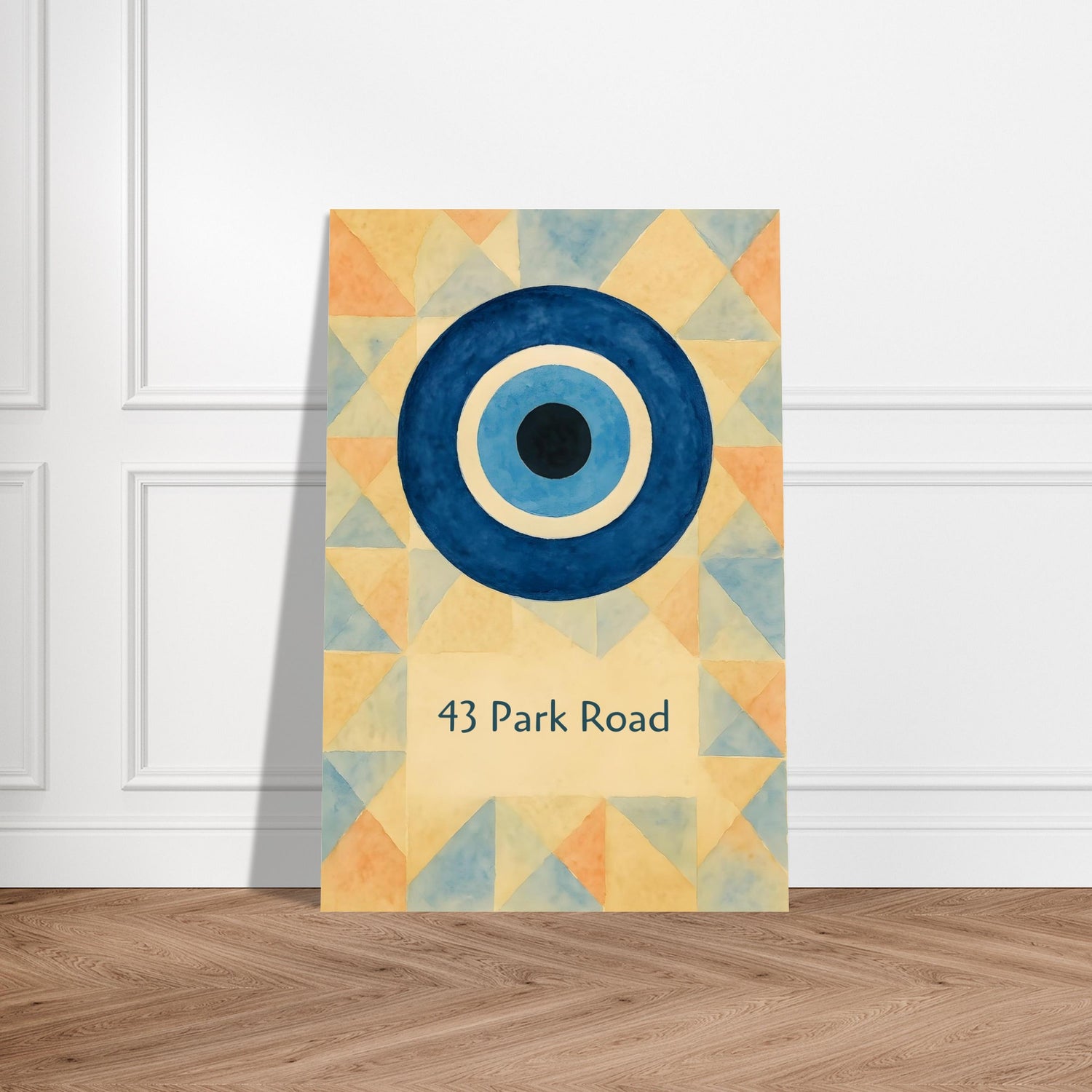 Custom Evil Eye Watercolor Poster | Personalized House Number Print | Geometric Nazar Wall Art, Unframed | ISO A1 A2 A3 A4 Sizes 40x60 cm 16x24″