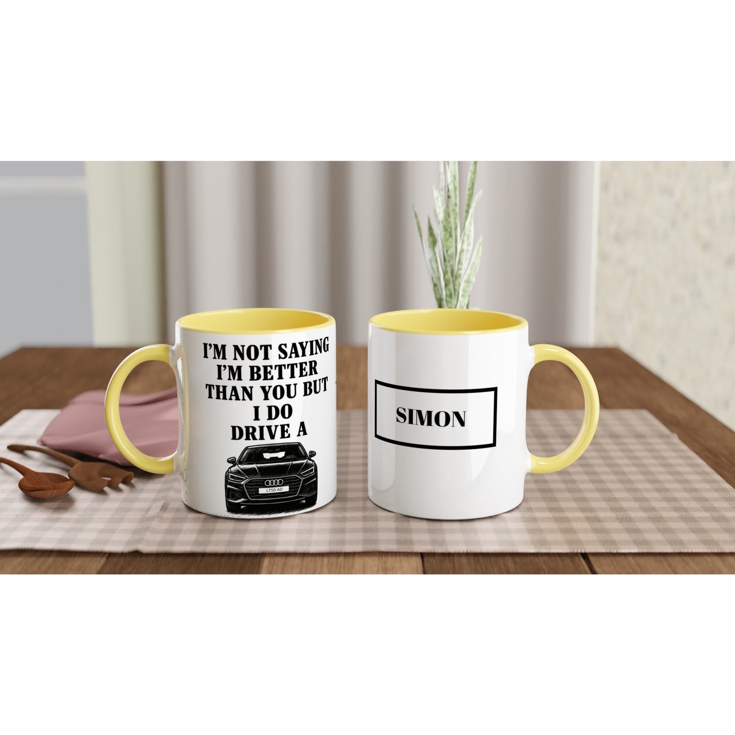 Funny Personalized Audi Mug - Custom Car Lover Dad Gift - Add Name &amp; Number Plate - 11oz Ceramic Ceramic Yellow