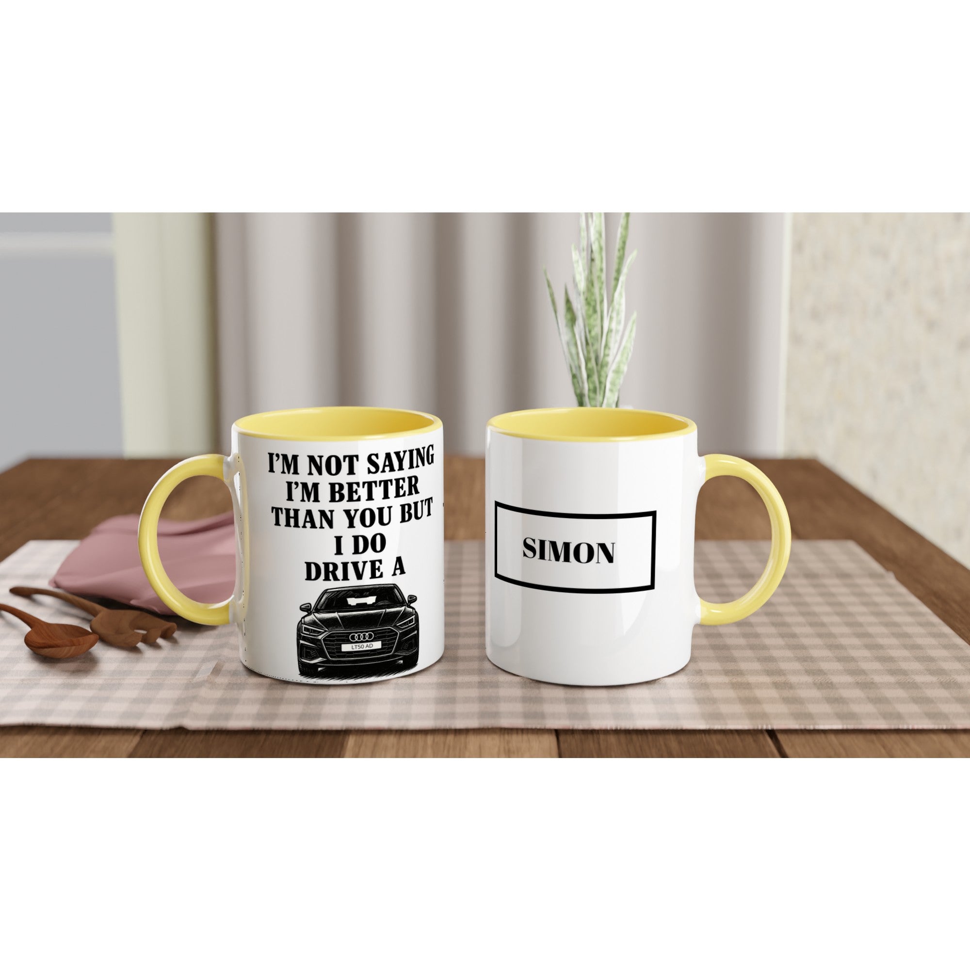 Funny Personalized Audi Mug - Custom Car Lover Dad Gift - Add Name &amp; Number Plate - 11oz Ceramic Ceramic Yellow