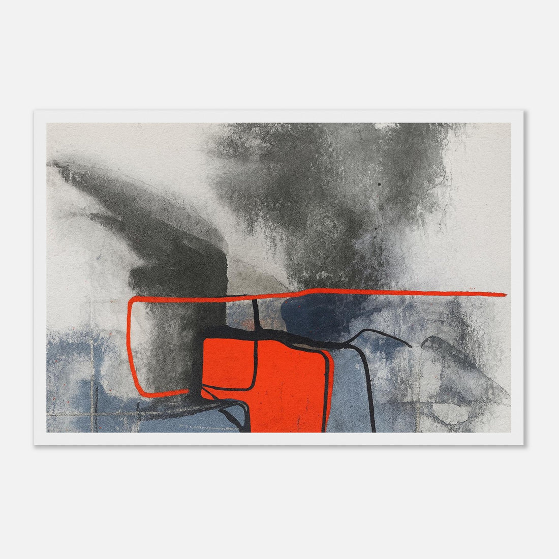Urban Ember – Abstract Expressionist Print with Red Accents, Modern Art Poster, Moody Watercolor - Matte Wooden Framed 30x45 cm 12x18″ White frame