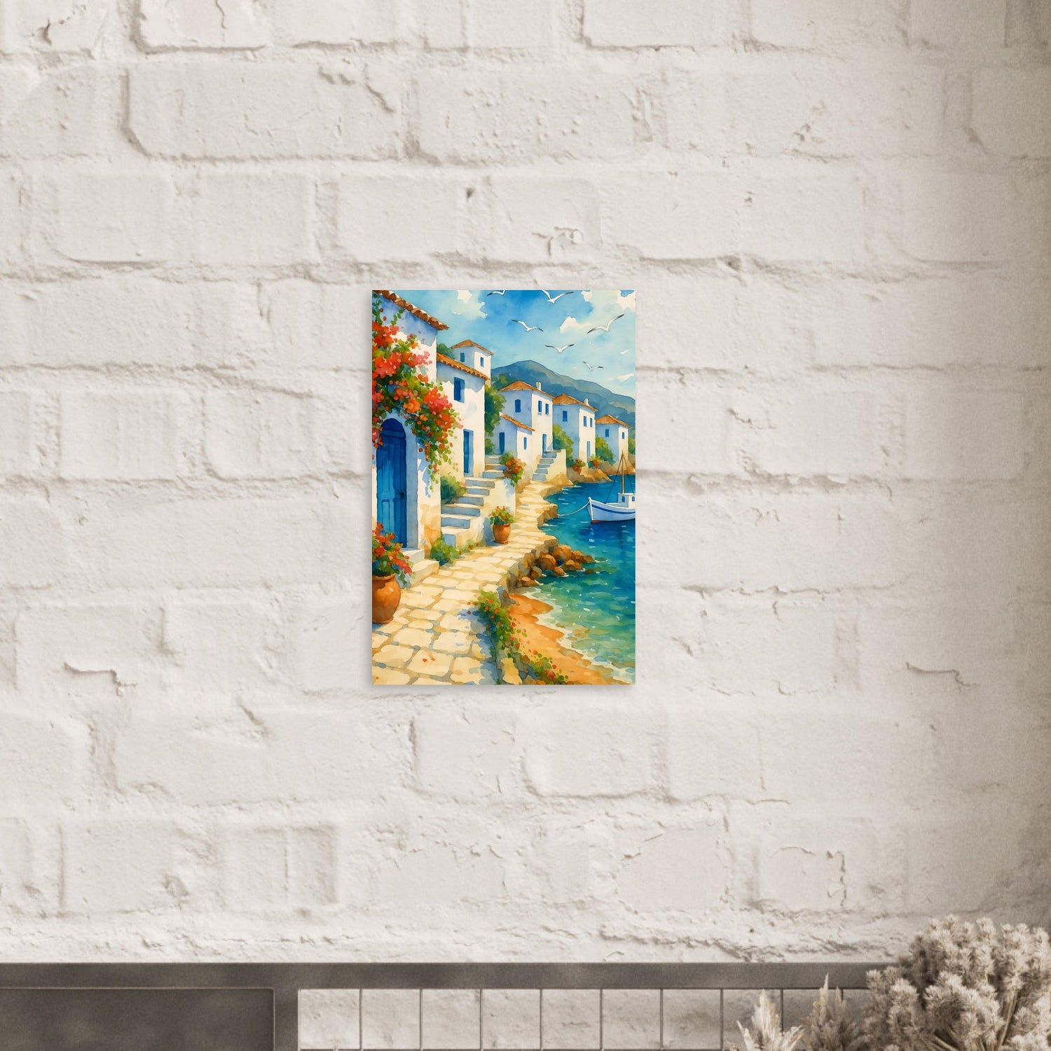 Greek Coastline Watercolor Poster | Mediterranean Seaside Art Print | Unframed Coastal Decor 40x60 cm 16x24″