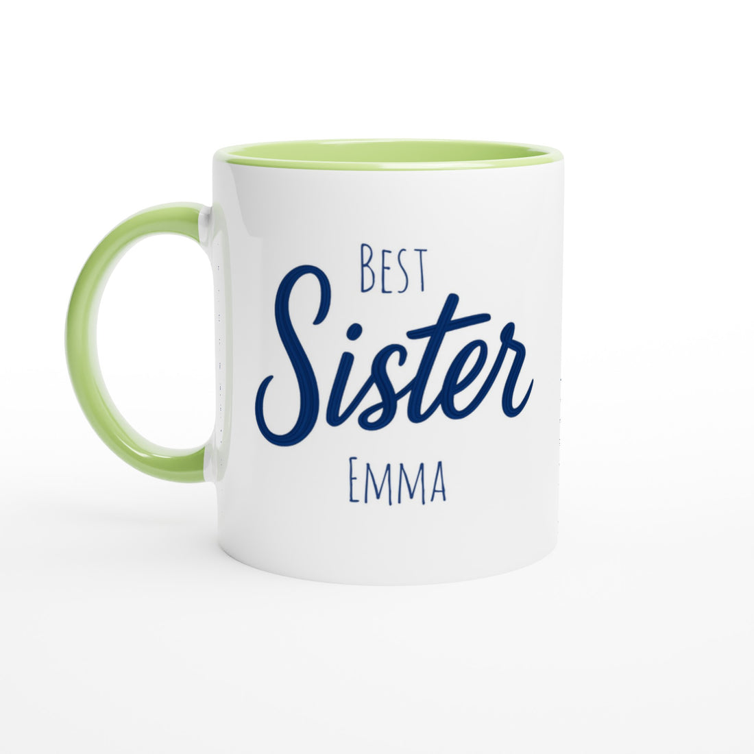 Sister Mug - Blue Brush Script Mug with Heart – Elegant Blue Calligraphy 11oz Coffee Cup – Gift for Sister, Birthday or Everyday Surprise