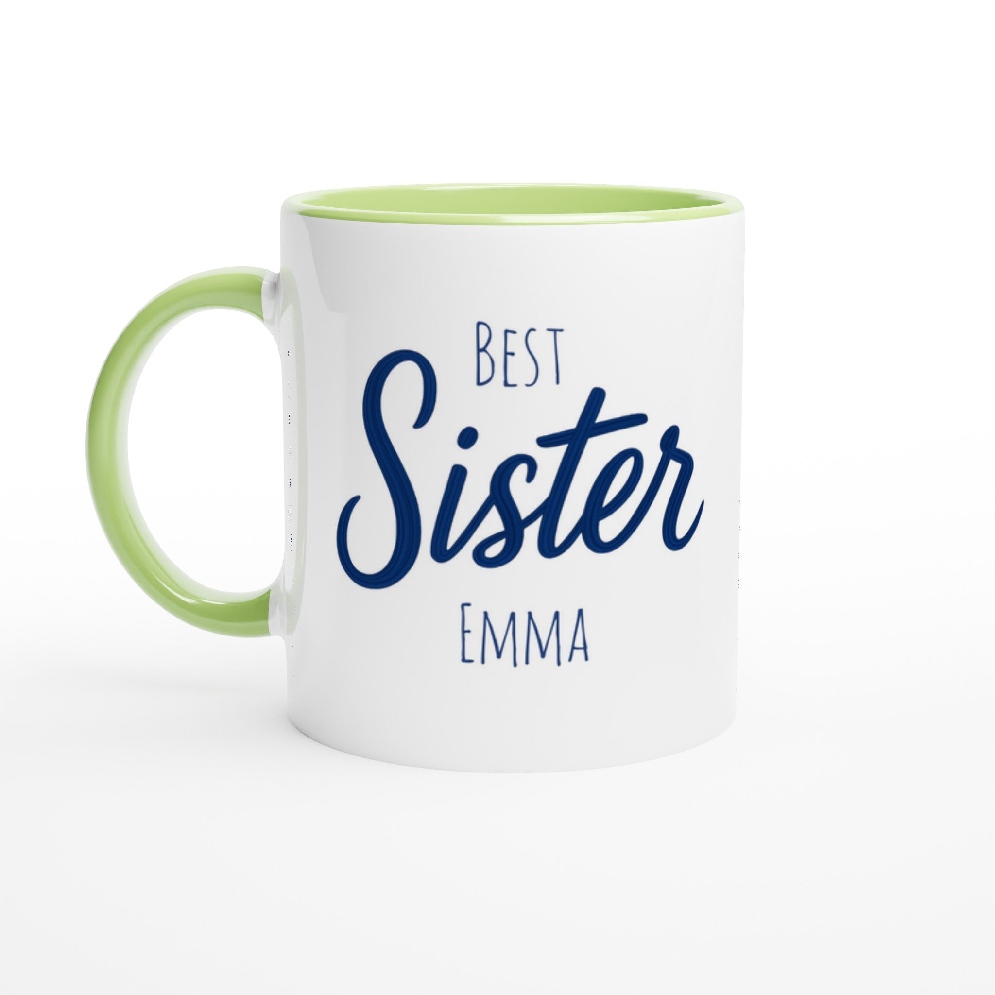 Sister Mug - Blue Brush Script Mug with Heart – Elegant Blue Calligraphy 11oz Coffee Cup – Gift for Sister, Birthday or Everyday Surprise