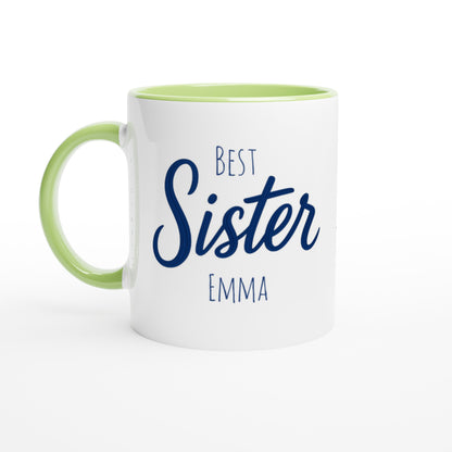 Sister Mug - Blue Brush Script Mug with Heart – Elegant Blue Calligraphy 11oz Coffee Cup – Gift for Sister, Birthday or Everyday Surprise