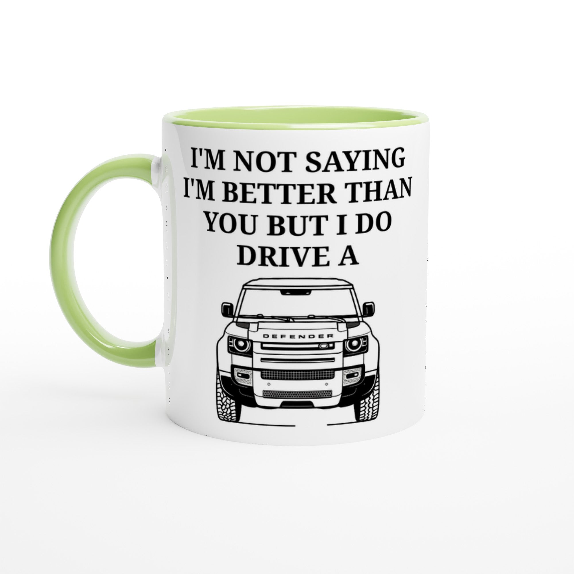Funny Defender Mug – 11oz Luxury Car Driver Gift, Bold Statement Coffee Cup, Land Rover, Range Rover Lover Gift for Him or Her Ceramic Green