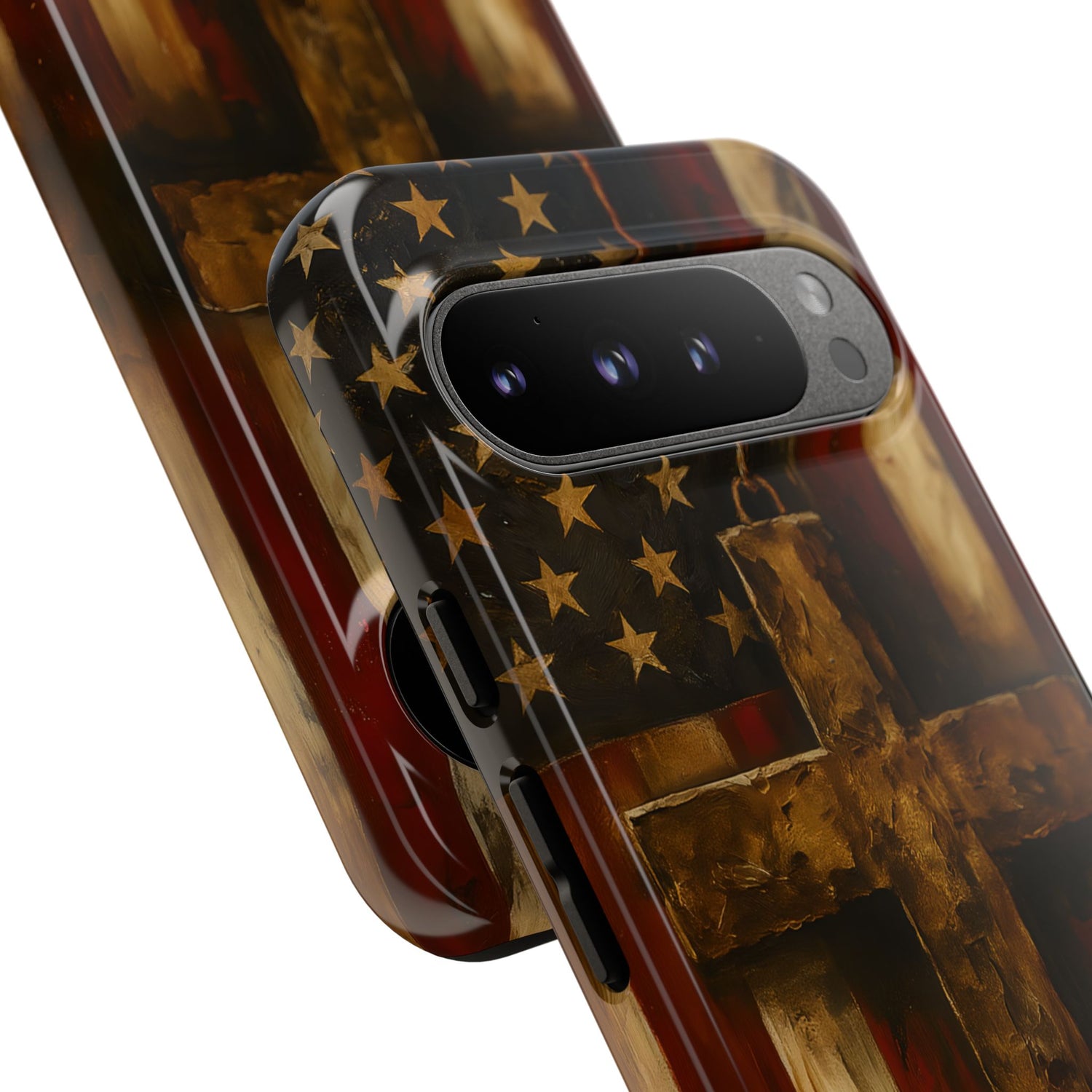 Forged in Faith Phone Case - Rustic Gold Cross &amp; American Flag | Patriotic Christian Case for iPhone, Samsung &amp; Pixel