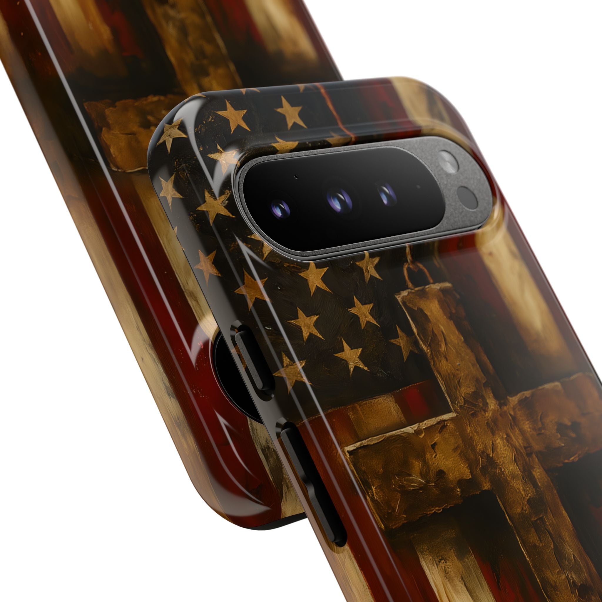 Forged in Faith Phone Case - Rustic Gold Cross &amp; American Flag | Patriotic Christian Case for iPhone, Samsung &amp; Pixel