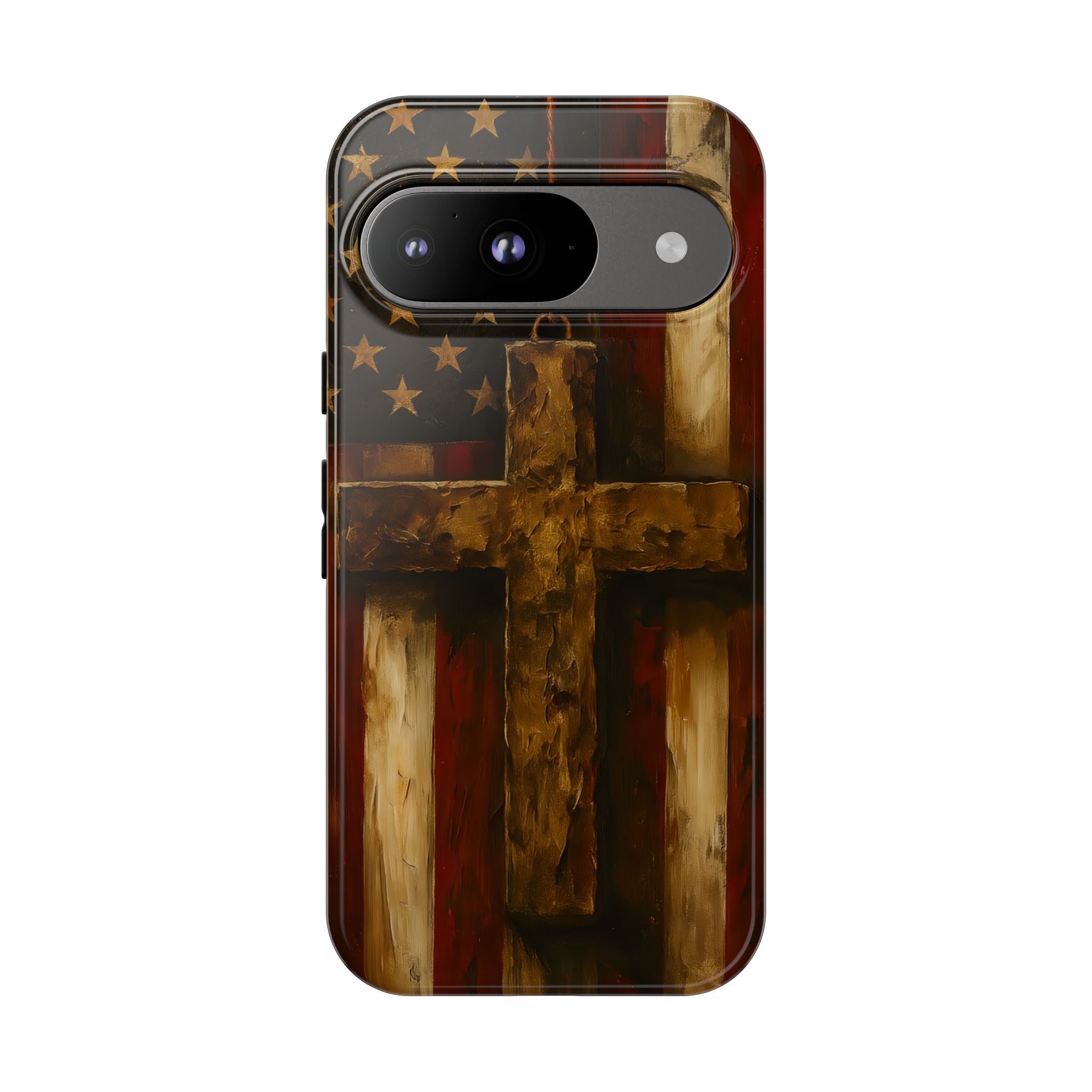 Forged in Faith Phone Case - Rustic Gold Cross &amp; American Flag | Patriotic Christian Case for iPhone, Samsung &amp; Pixel Google Pixel 9 Glossy