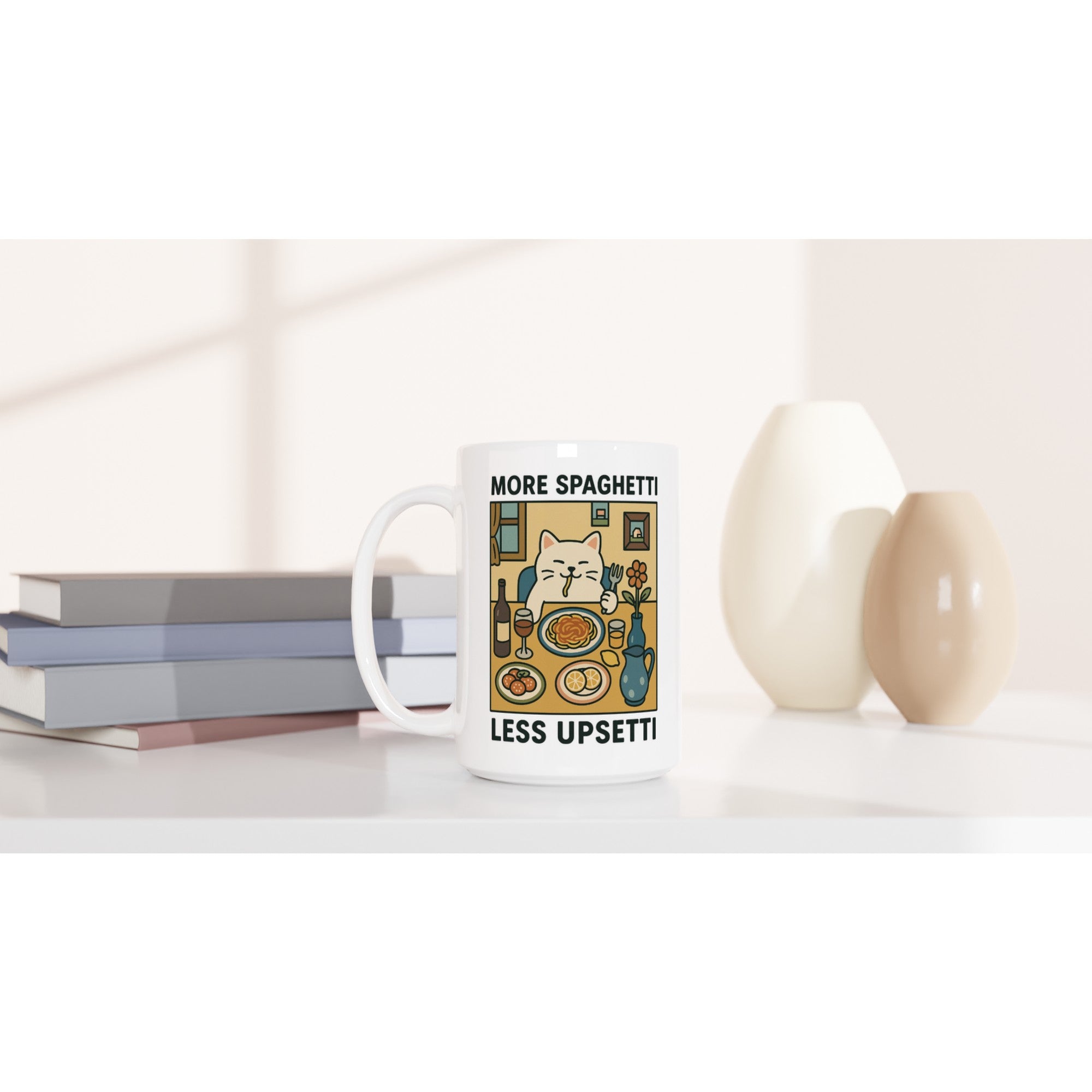 More Spaghetti Less Upsetti Mug - Cute Cat Lover Gift - 15oz Ceramic Cup for Coffee &amp; Tea - White 15oz Ceramic Mug
