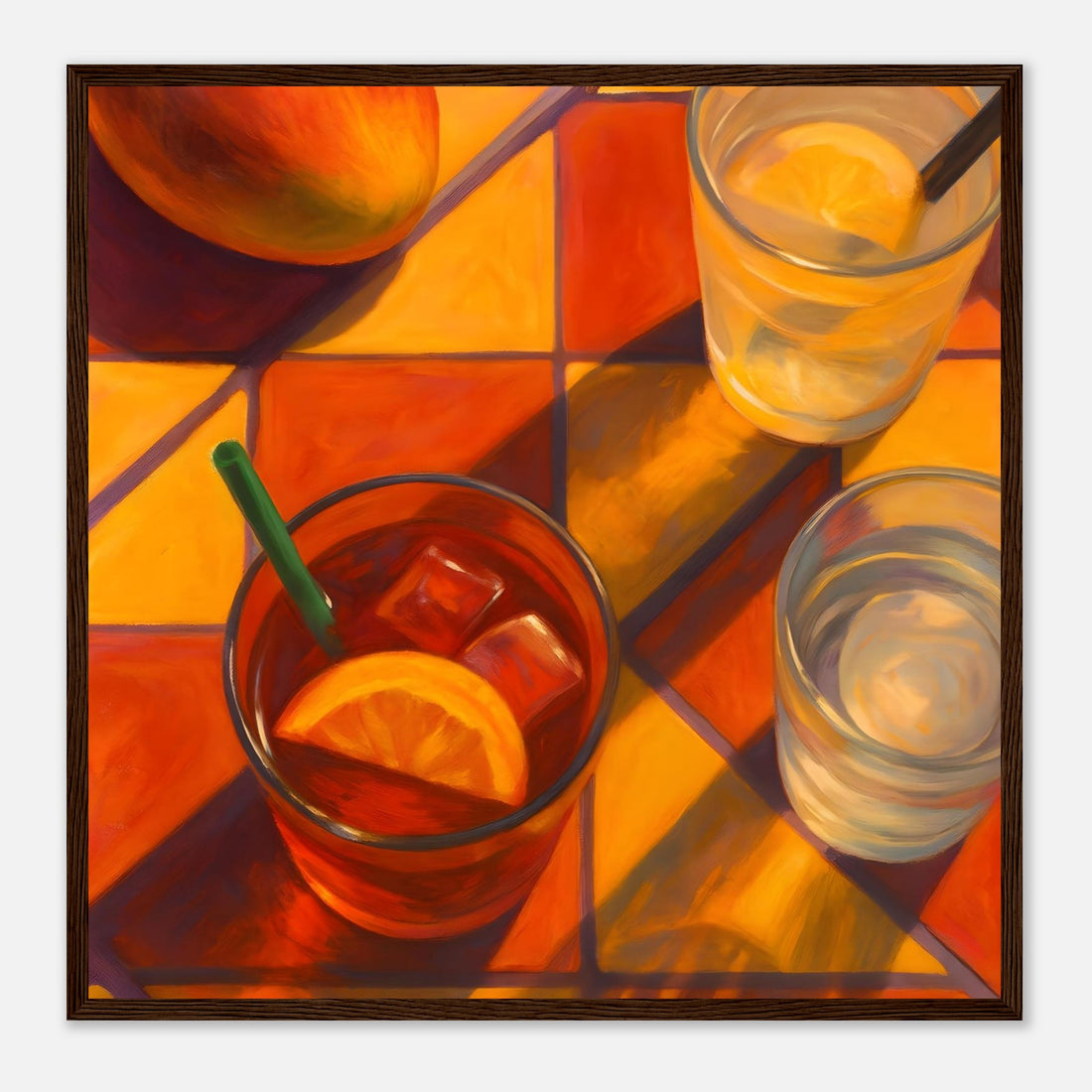 Vibrant Mango &amp; Citrus Still Life Poster - Warm Tile Aesthetic Wall Art - Wooden Framed Poster 50x50 cm 20x20″ Dark wood frame