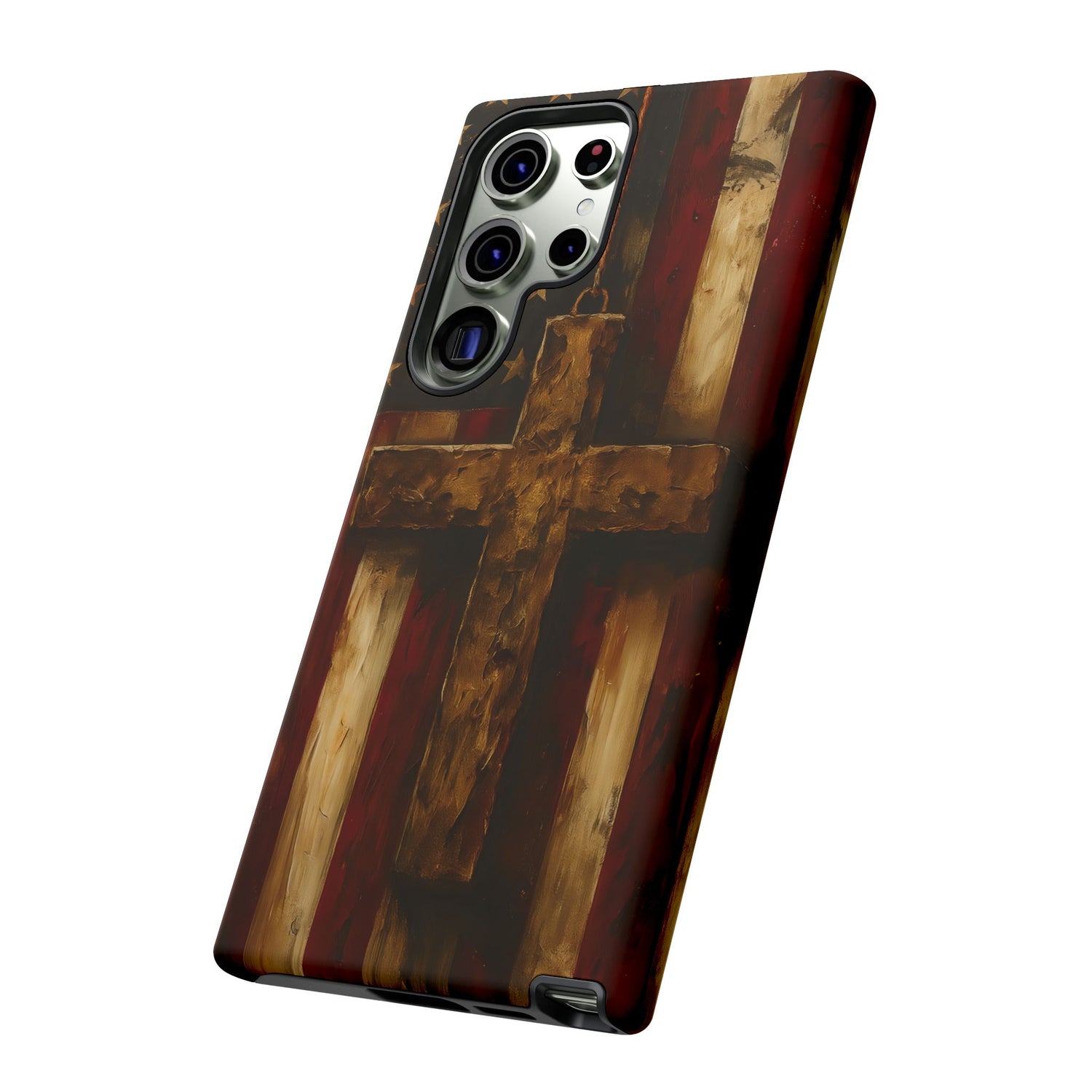 Forged in Faith Phone Case - Rustic Gold Cross &amp; American Flag | Patriotic Christian Case for iPhone, Samsung &amp; Pixel