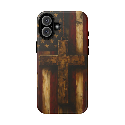 Forged in Faith Phone Case - Rustic Gold Cross &amp; American Flag | Patriotic Christian Case for iPhone, Samsung &amp; Pixel iPhone 16 Plus Matte