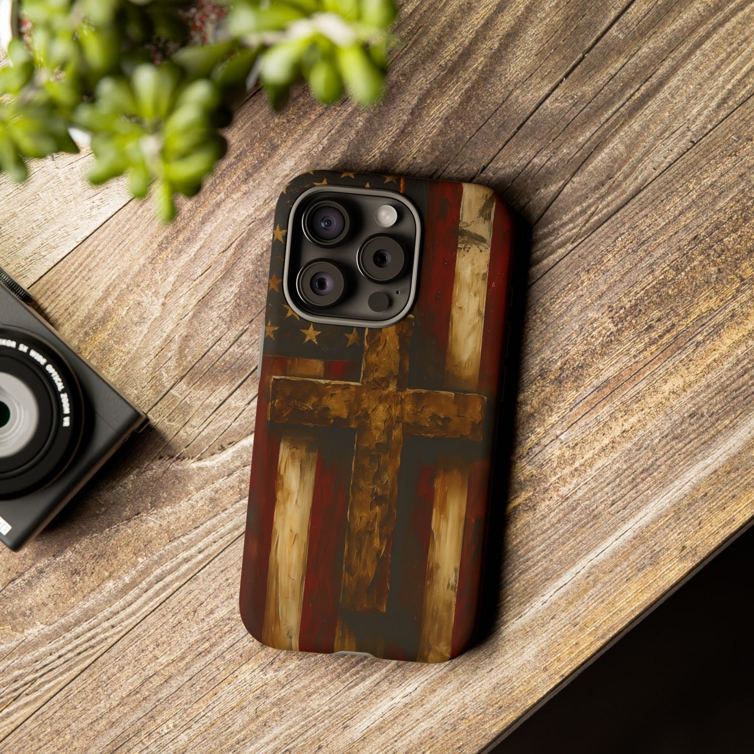 Forged in Faith Phone Case - Rustic Gold Cross &amp; American Flag | Patriotic Christian Case for iPhone, Samsung &amp; Pixel