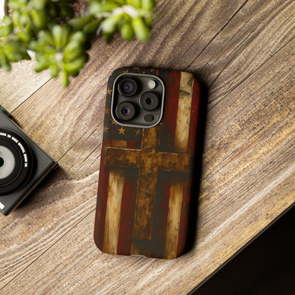 Forged in Faith Phone Case - Rustic Gold Cross &amp; American Flag | Patriotic Christian Case for iPhone, Samsung &amp; Pixel