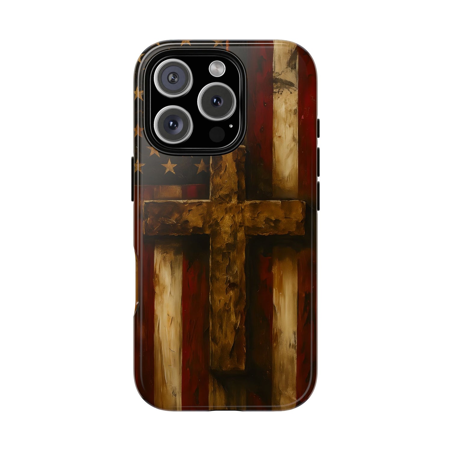 Forged in Faith Phone Case - Rustic Gold Cross &amp; American Flag | Patriotic Christian Case for iPhone, Samsung &amp; Pixel iPhone 16 Pro Glossy