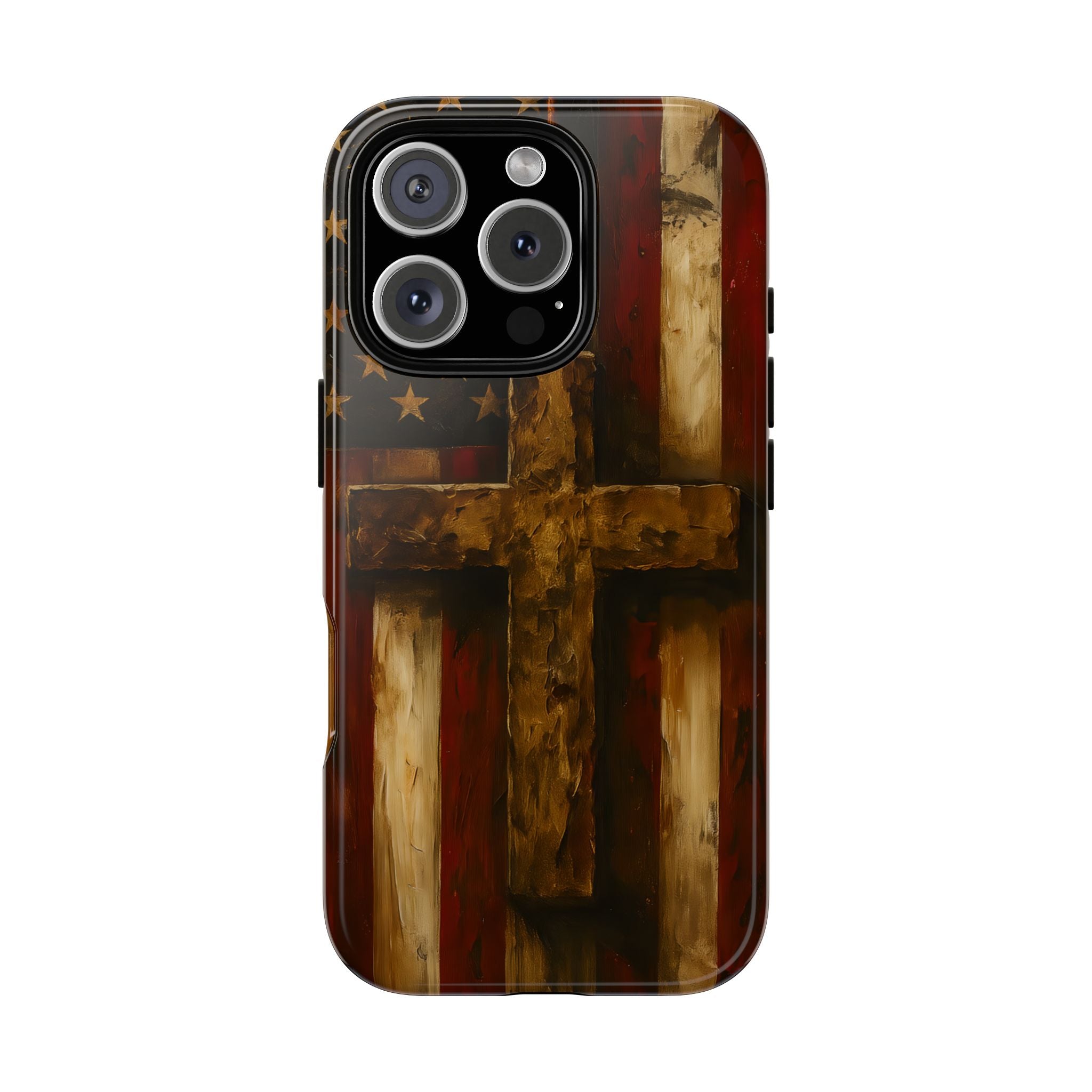 Forged in Faith Phone Case - Rustic Gold Cross &amp; American Flag | Patriotic Christian Case for iPhone, Samsung &amp; Pixel iPhone 16 Pro Glossy