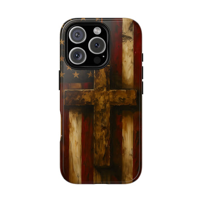 Forged in Faith Phone Case - Rustic Gold Cross &amp; American Flag | Patriotic Christian Case for iPhone, Samsung &amp; Pixel iPhone 16 Pro Glossy
