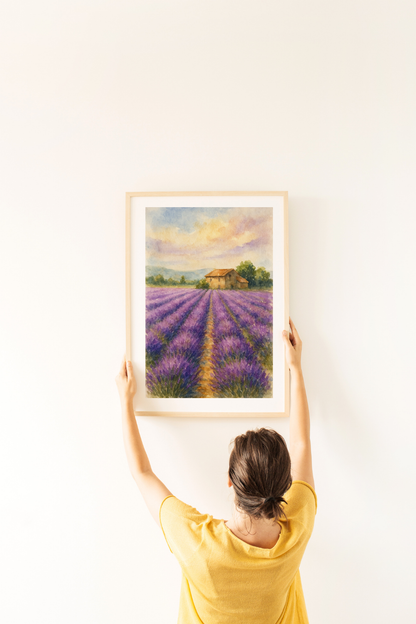Lavender Fields Provence Watercolour Print - France Travel Wall Art