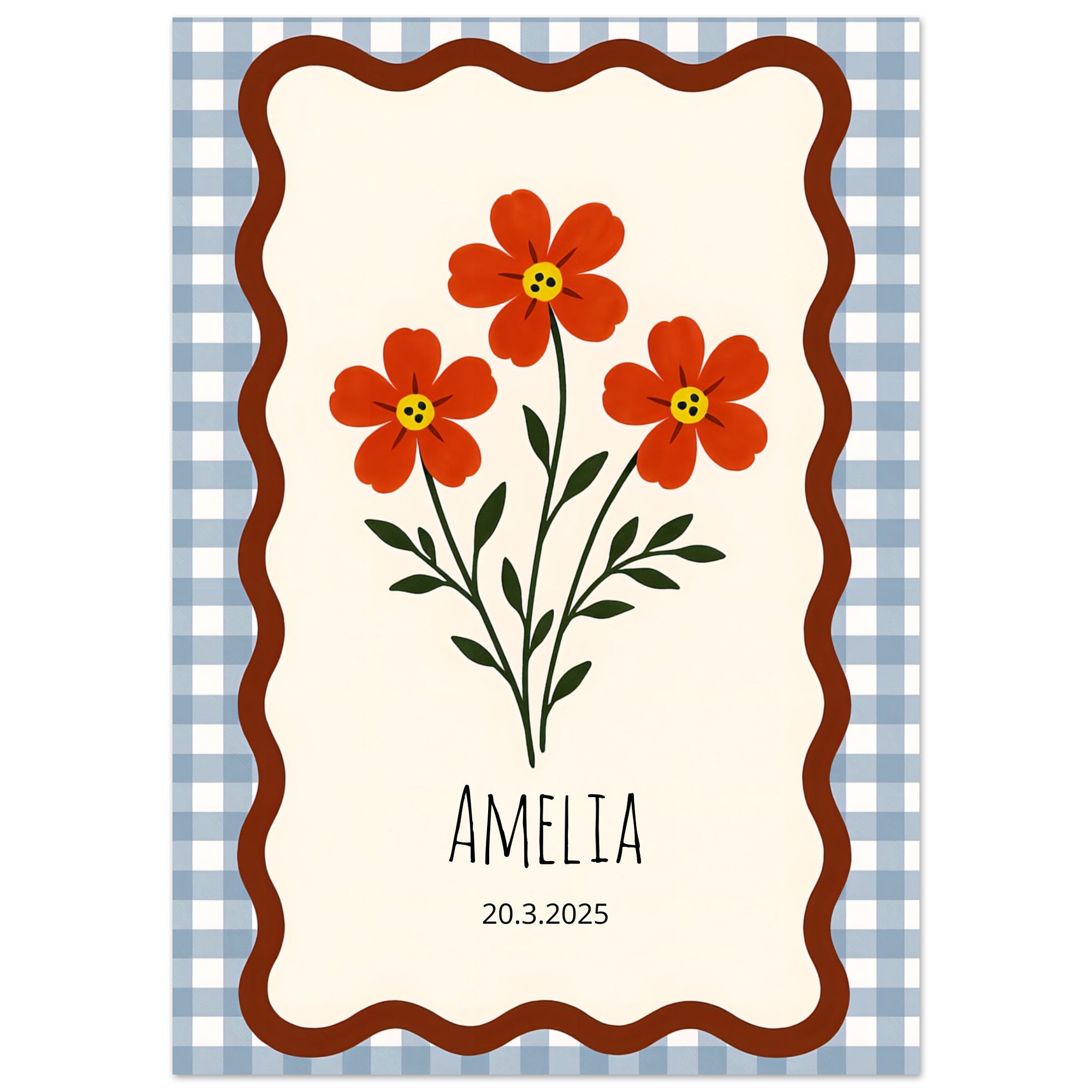 Personalized Nursery Poster – Red-Orange Floral Print, Gingham Nursery Print, Wall Art Decor A1 (59.4 x 84.1 cm)