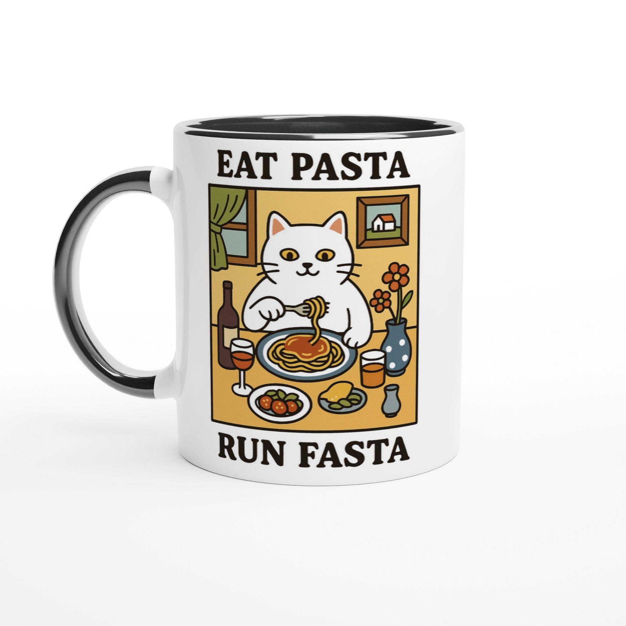 Eat Pasta Run Fasta Mug - Cute Cat Lover Gift - 11oz Ceramic Cup for Coffee &amp; Tea Ceramic Black