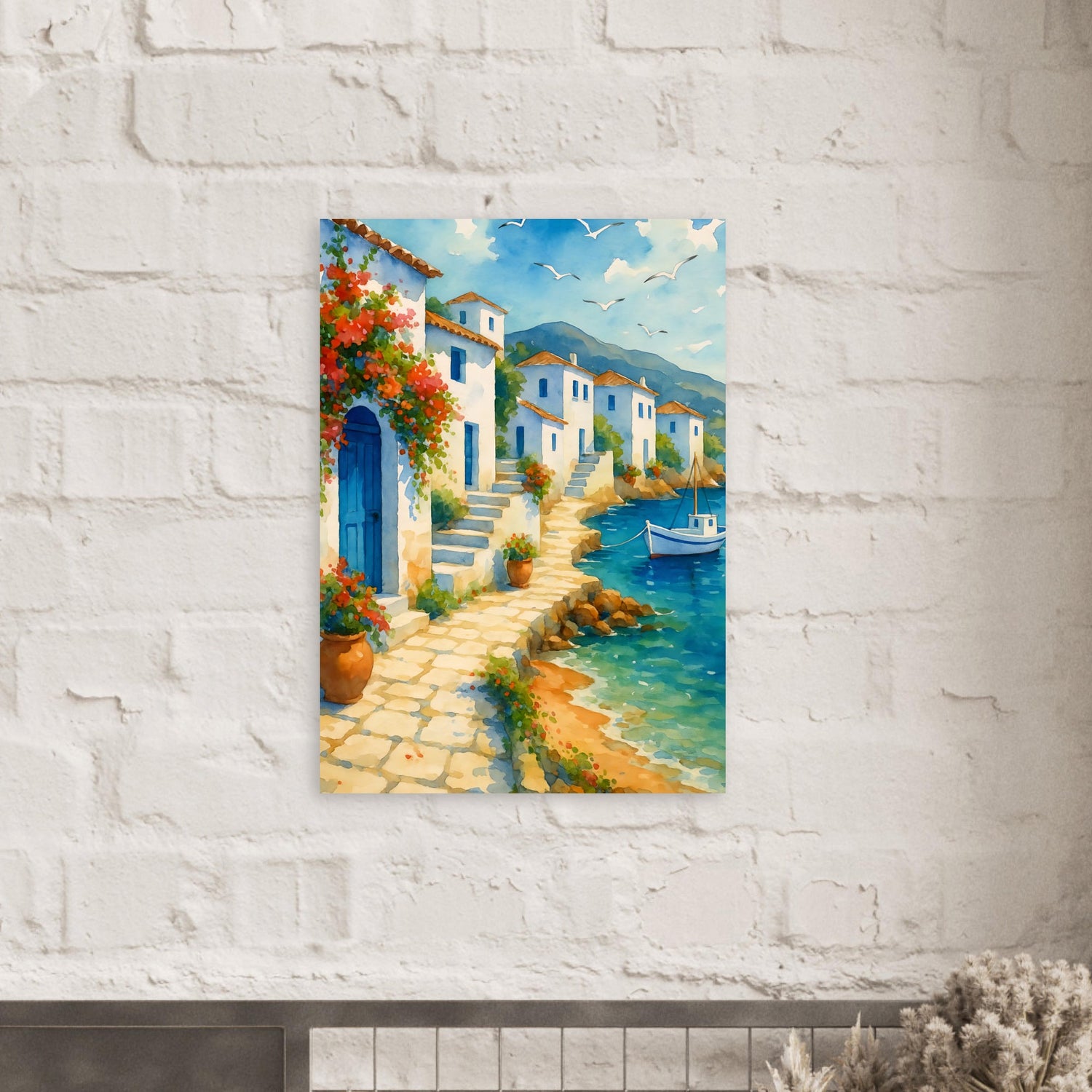 Greek Coastline Watercolor Poster | Mediterranean Seaside Art Print | Unframed Coastal Decor A1 (59.4 x 84.1 cm)