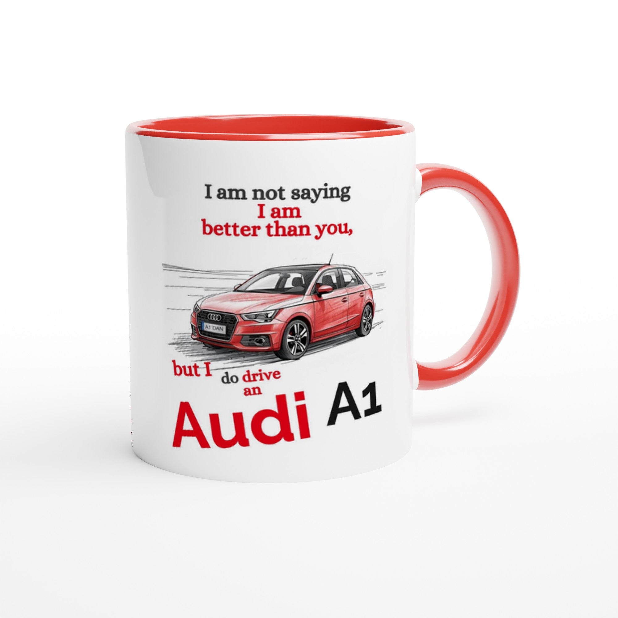 Funny Personalized Audi A1 Mug - Custom Ceramic Coffee Cup for Car Lovers - 11oz Dishwasher Safe Ceramic Red