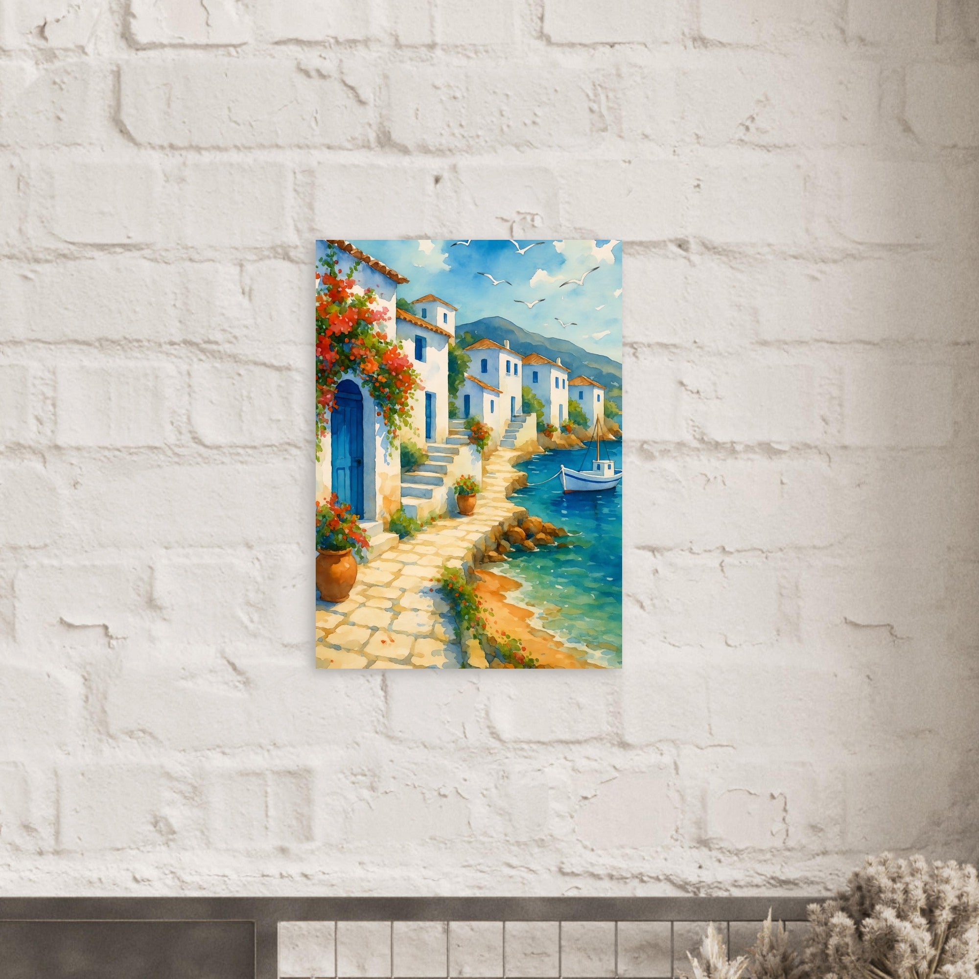 Greek Coastline Watercolor Poster | Mediterranean Seaside Art Print | Unframed Coastal Decor 50x70 cm 20x28″