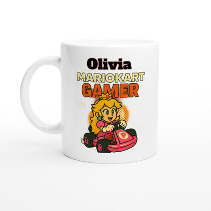Personalized Mario Kart Gamer Mug - Princess Peach Mug - Funny Gift for Gamers - 11oz Ceramic Coffee Cup Ceramic White