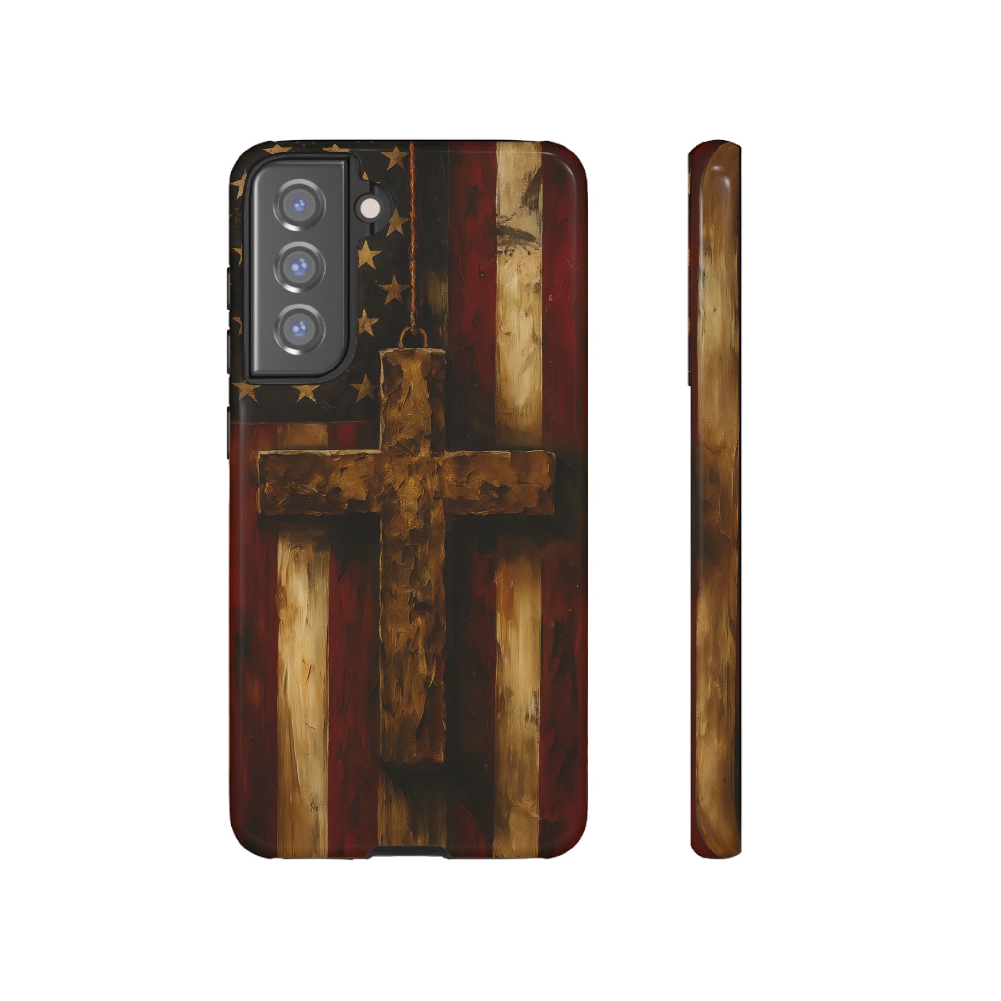Forged in Faith Phone Case - Rustic Gold Cross &amp; American Flag | Patriotic Christian Case for iPhone, Samsung &amp; Pixel Samsung Galaxy S21 FE Glossy
