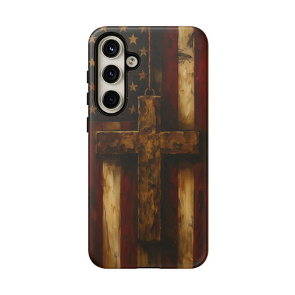 Forged in Faith Phone Case - Rustic Gold Cross &amp; American Flag | Patriotic Christian Case for iPhone, Samsung &amp; Pixel Samsung Galaxy S24 Plus Matte