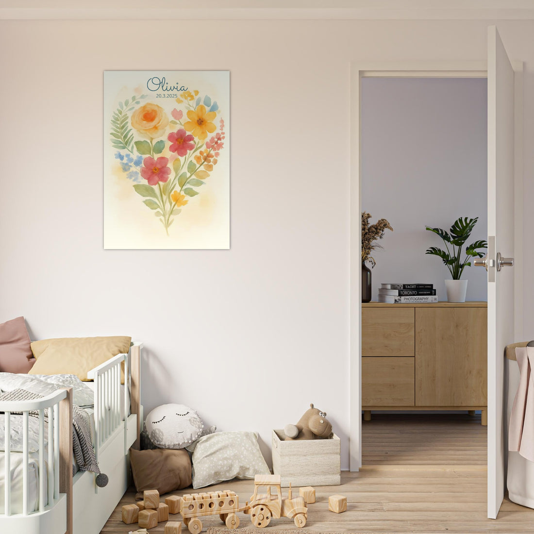 Personalized Floral Heart Nursery Print – Custom Name & Date Baby Girl Wall Art – Watercolor Flowers Poster – Newborn Gift for Girls Room A1 (59.4 x 84.1 cm)