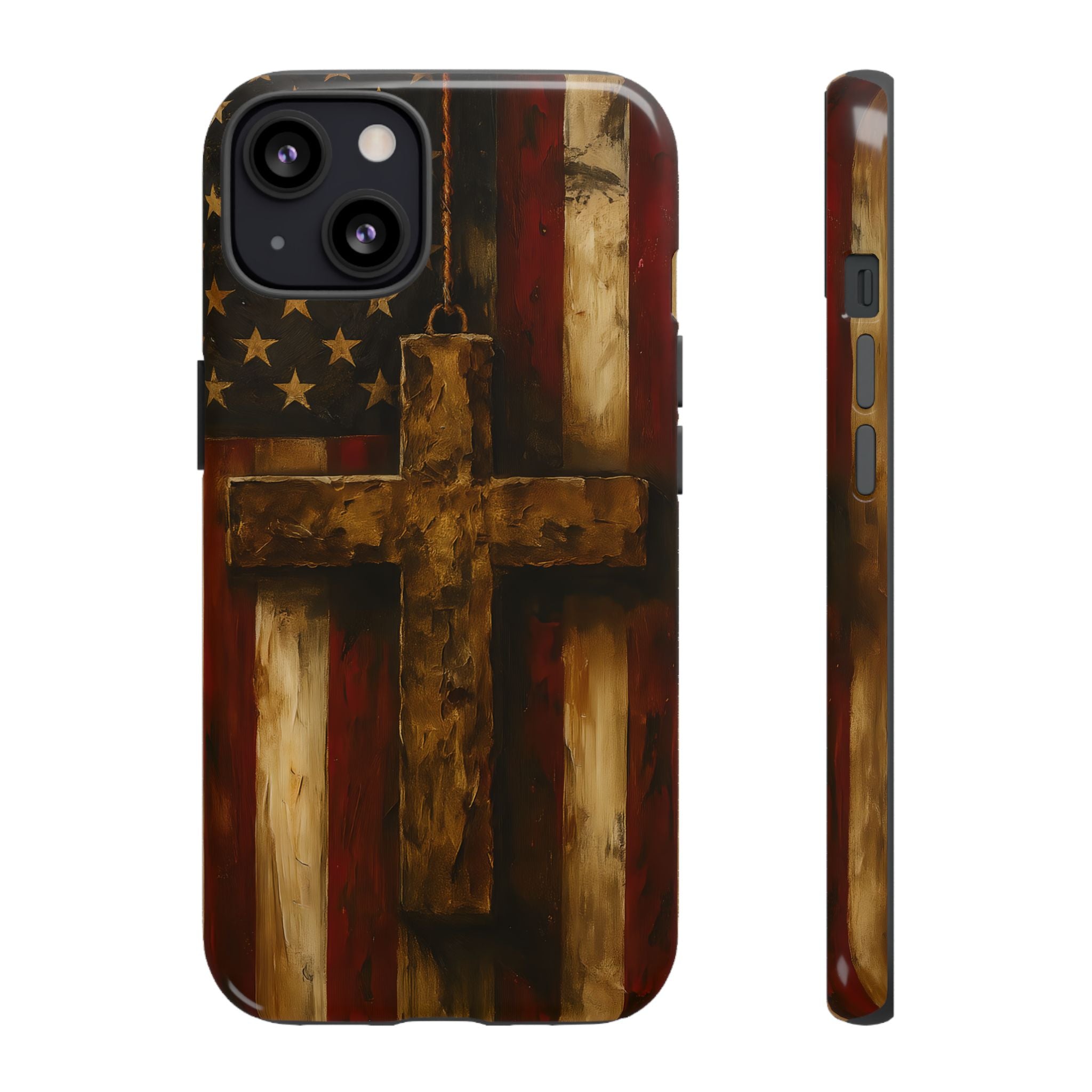 Forged in Faith Phone Case - Rustic Gold Cross &amp; American Flag | Patriotic Christian Case for iPhone, Samsung &amp; Pixel iPhone 13 Glossy