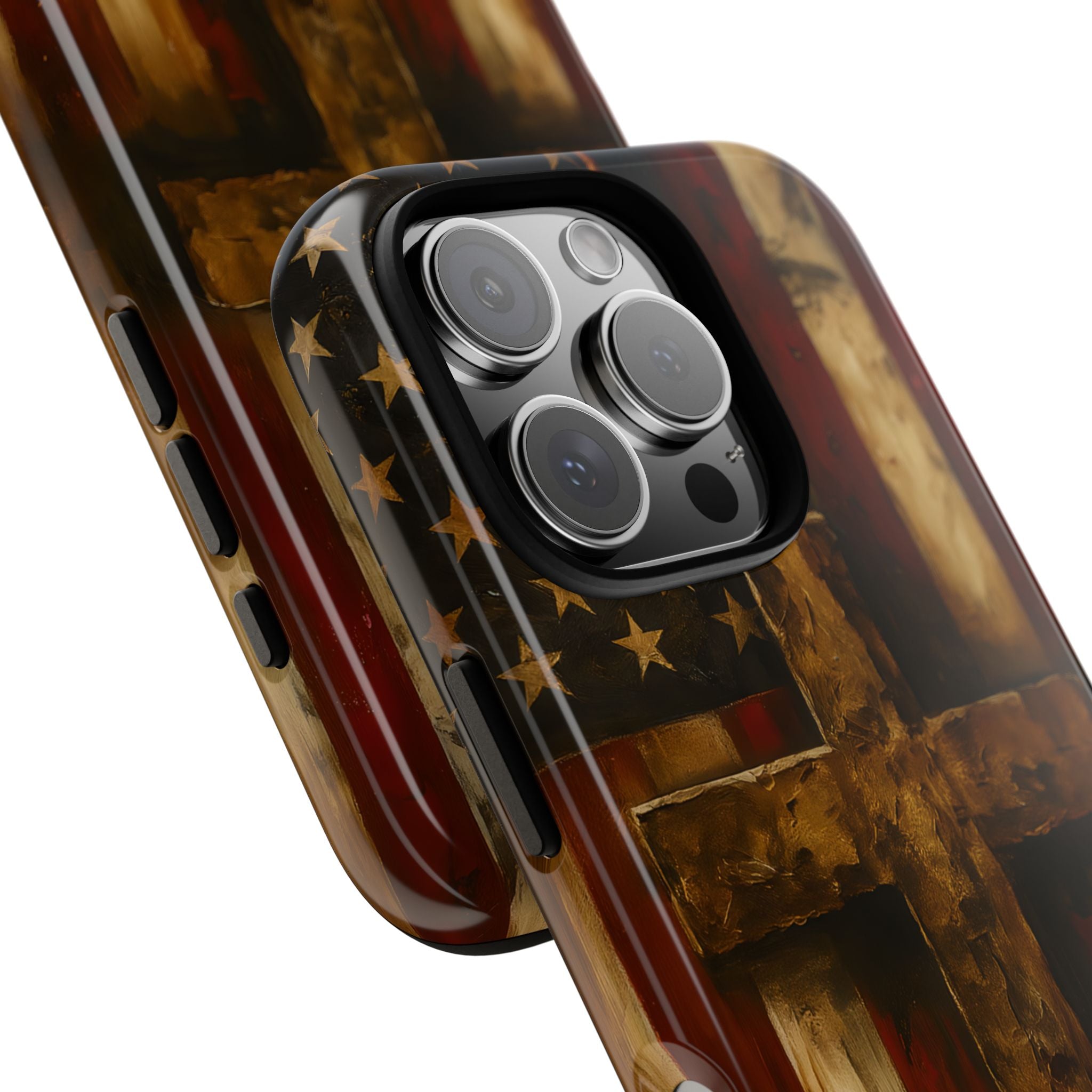 Forged in Faith Phone Case - Rustic Gold Cross &amp; American Flag | Patriotic Christian Case for iPhone, Samsung &amp; Pixel