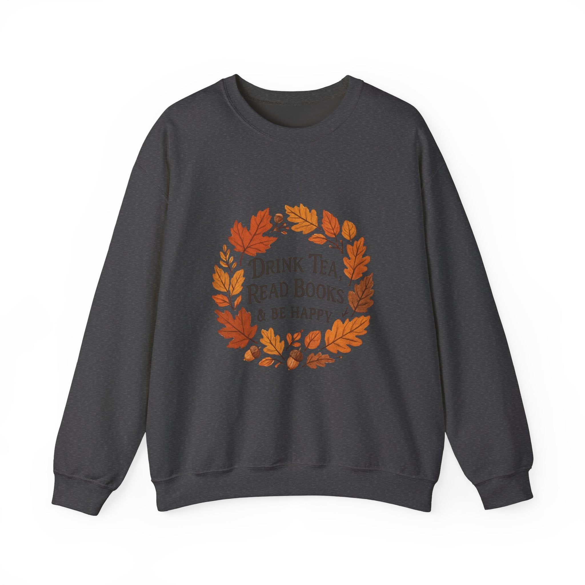 Cozy Book Lover Crewneck Sweatshirt - Fall Fashion Tea &amp; Books Apparel | Gift for Readers Dark Heather