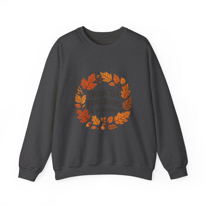 Cozy Book Lover Crewneck Sweatshirt - Fall Fashion Tea &amp; Books Apparel | Gift for Readers Dark Heather