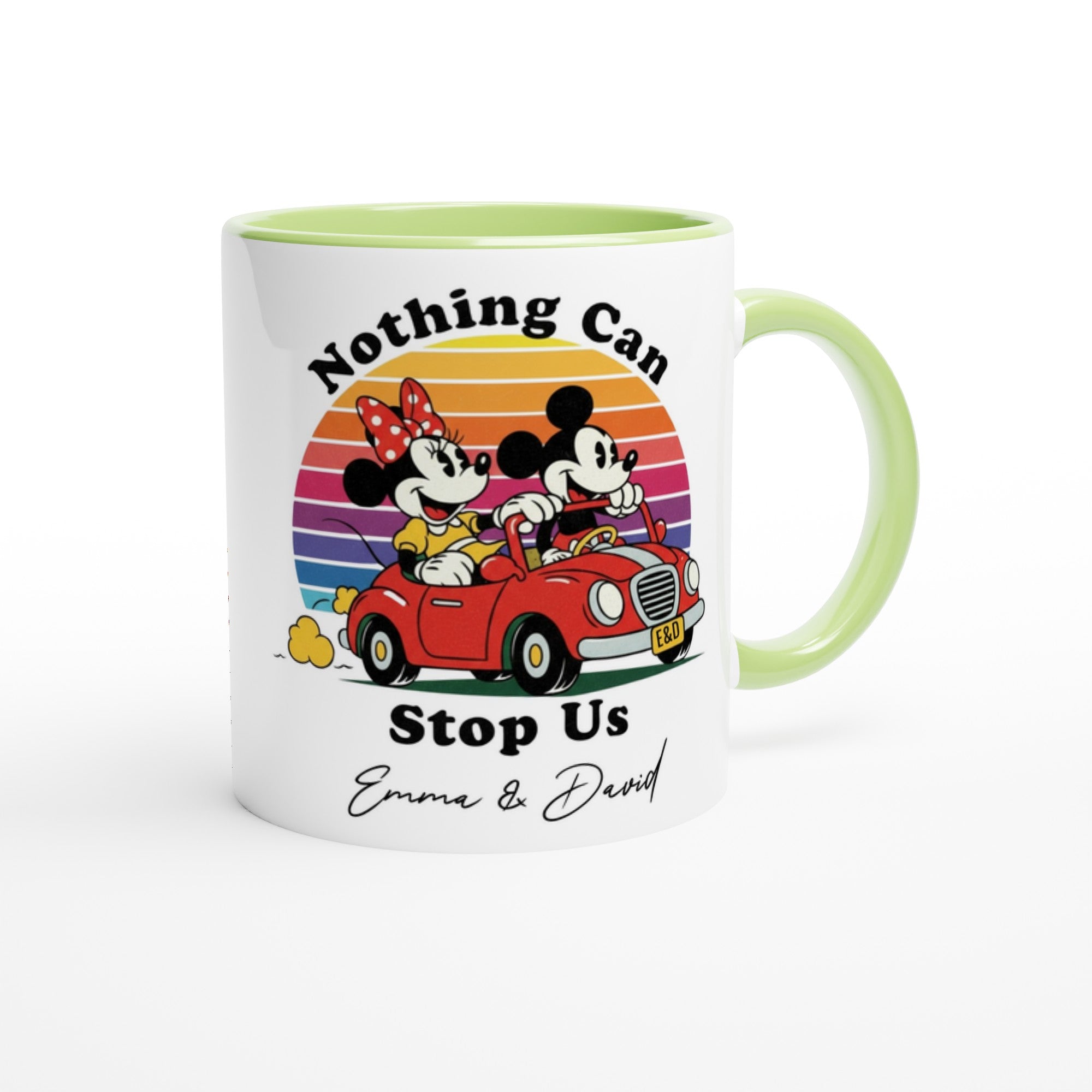 Custom Disney Mug - Mickey &amp; Minnie Runaway Railway Gift, Magic Kingdom Coffee Mug, Disneyland Keepsake Ceramic Green