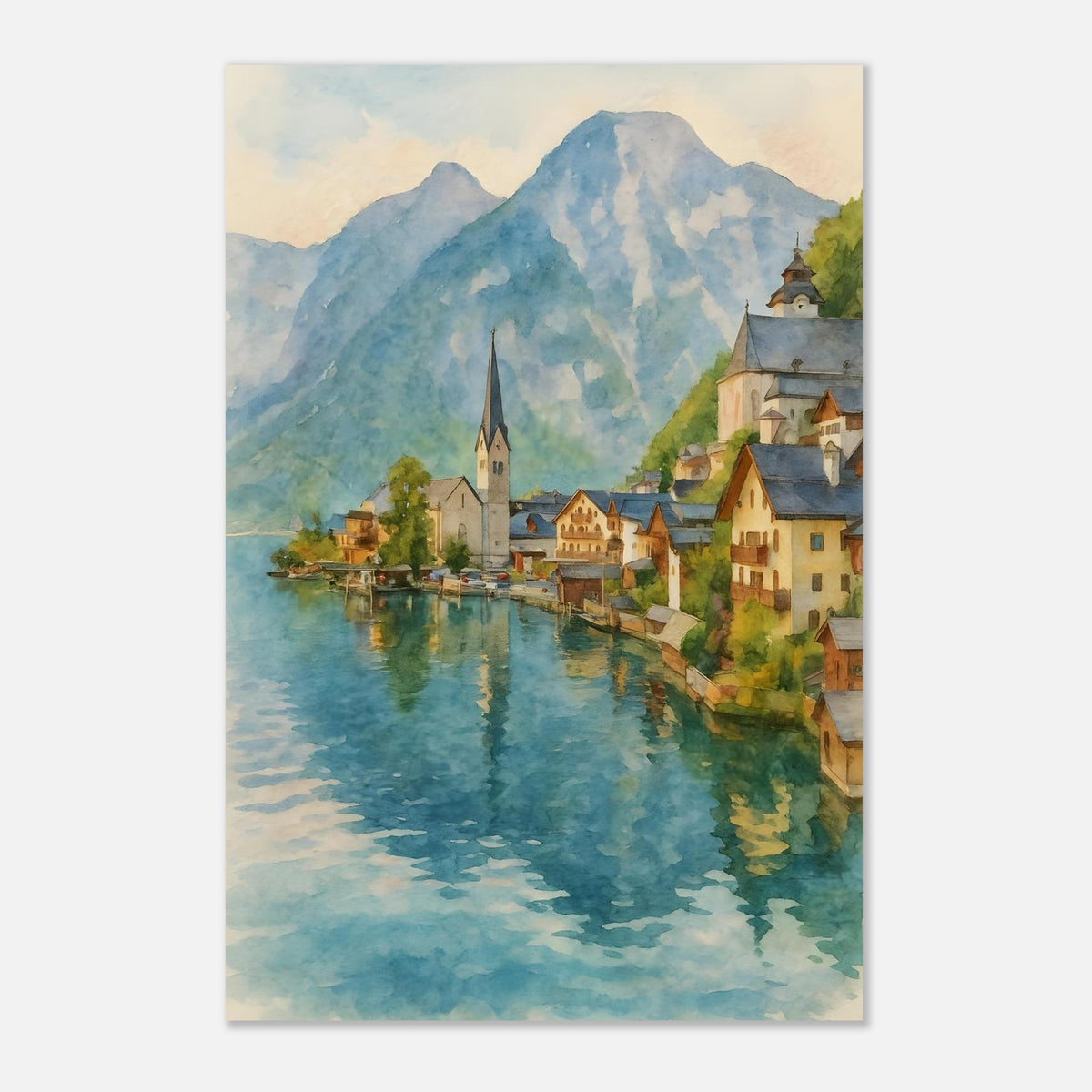 Hallstatt Austria Watercolour Print – Unframed Scenic Travel Poster, Alpine Village Decor 30x45 cm 12x18″
