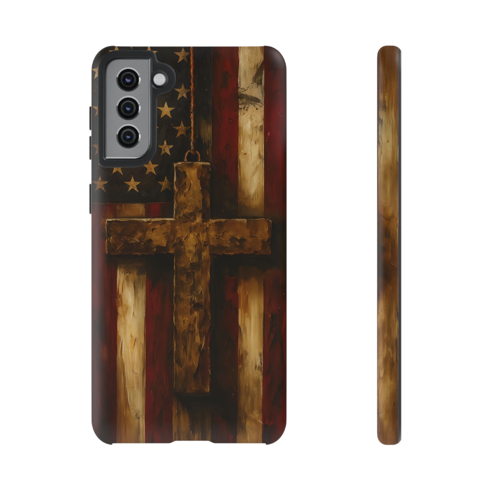 Forged in Faith Phone Case - Rustic Gold Cross &amp; American Flag | Patriotic Christian Case for iPhone, Samsung &amp; Pixel Samsung Galaxy S21 Plus Matte