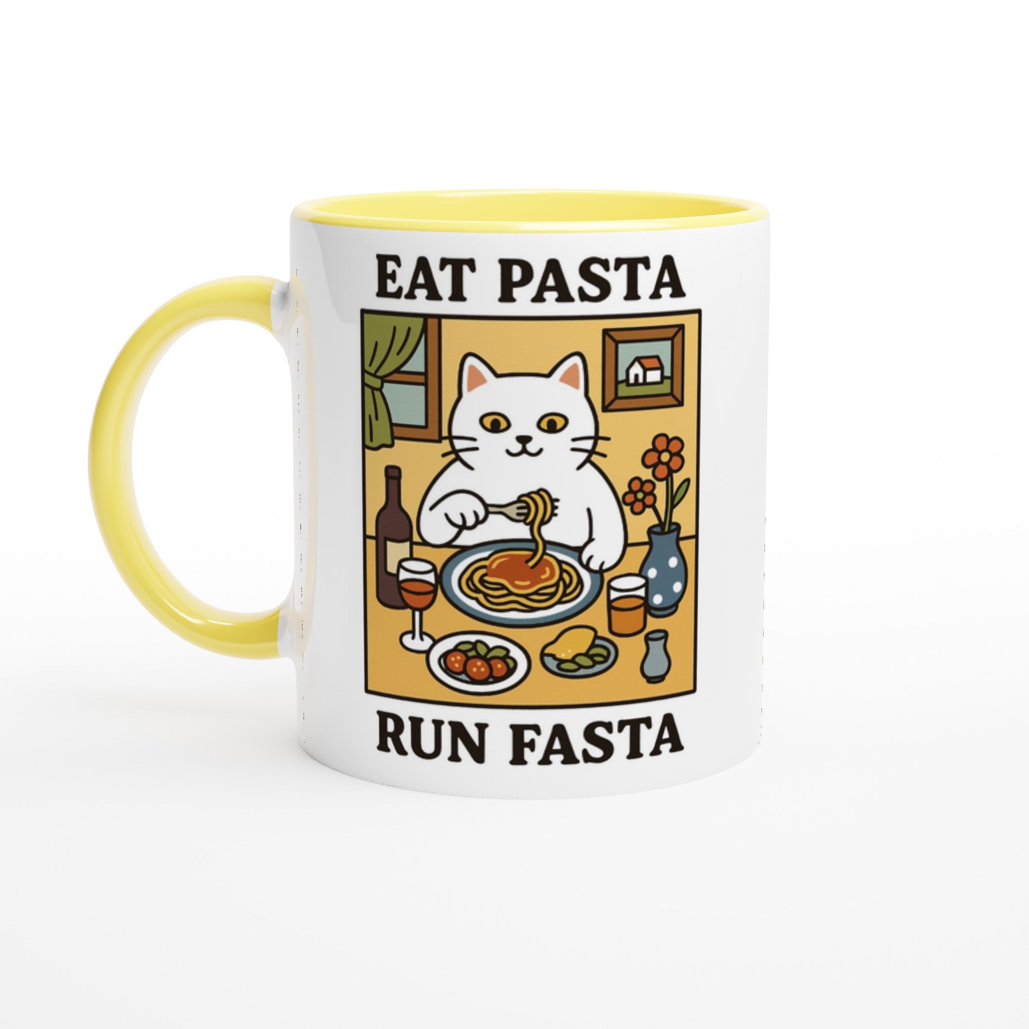Eat Pasta Run Fasta Mug - Cute Cat Lover Gift - 11oz Ceramic Cup for Coffee &amp; Tea Ceramic Yellow