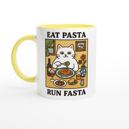 Eat Pasta Run Fasta Mug - Cute Cat Lover Gift - 11oz Ceramic Cup for Coffee &amp; Tea Ceramic Yellow