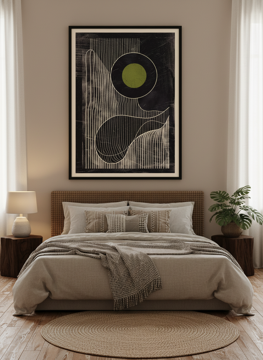 Olive Eclipse: Linear Noir Abstraction - Modern Minimalist Wall Art Print