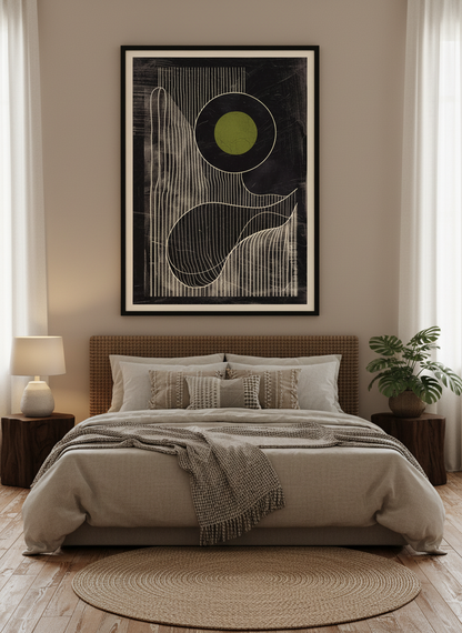 Olive Eclipse: Linear Noir Abstraction - Modern Minimalist Wall Art Print