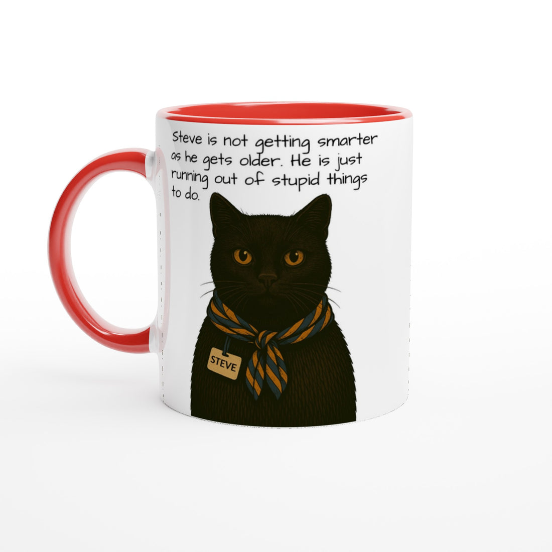 Steve Mysterious Cat Mug – Vintage Black Cat with Scarf – Funny 11oz Coffee Mug for Cat Lovers – Blank Name Tag – Quirky Animal Art Gift