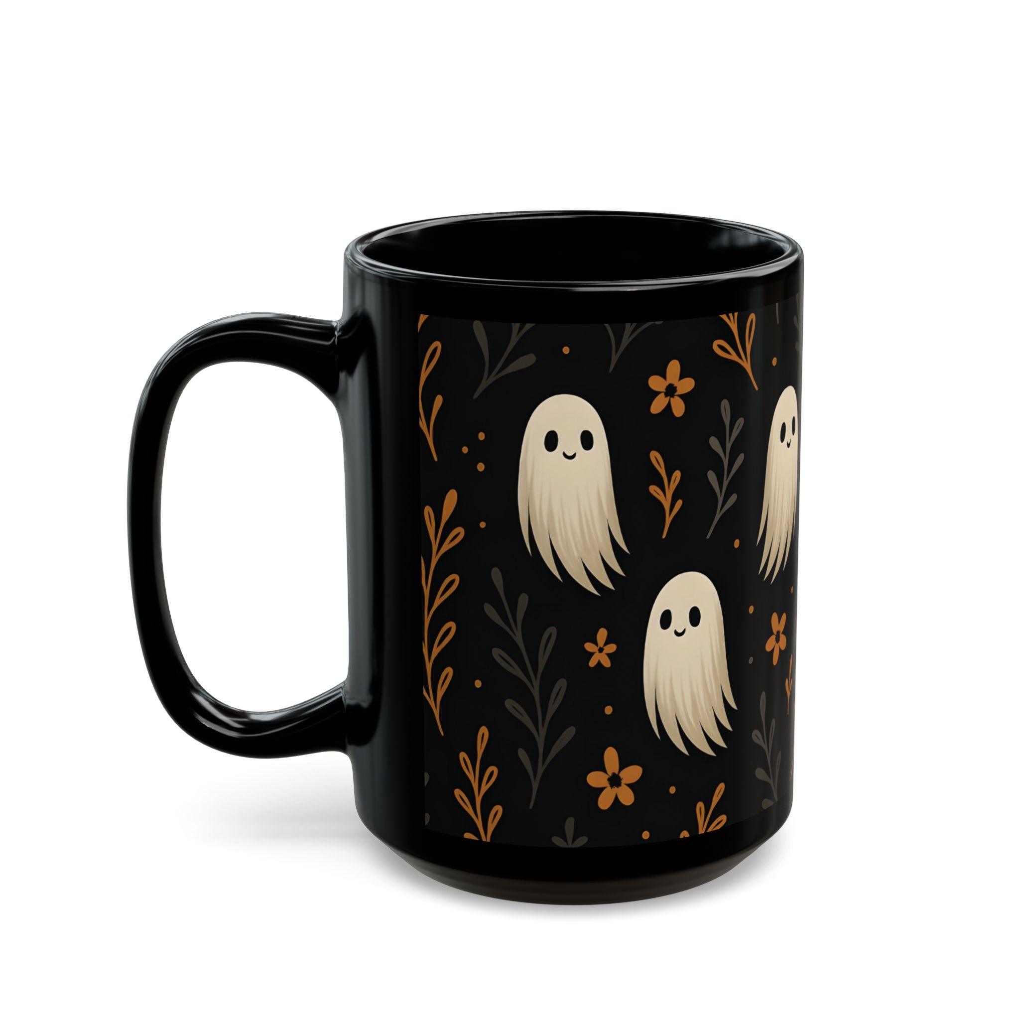 Cute Ghost Floral Black Mug - Halloween Coffee Cup | Spooky Kawaii Ceramic Mug Gift for Tea &amp; Coffee Lovers