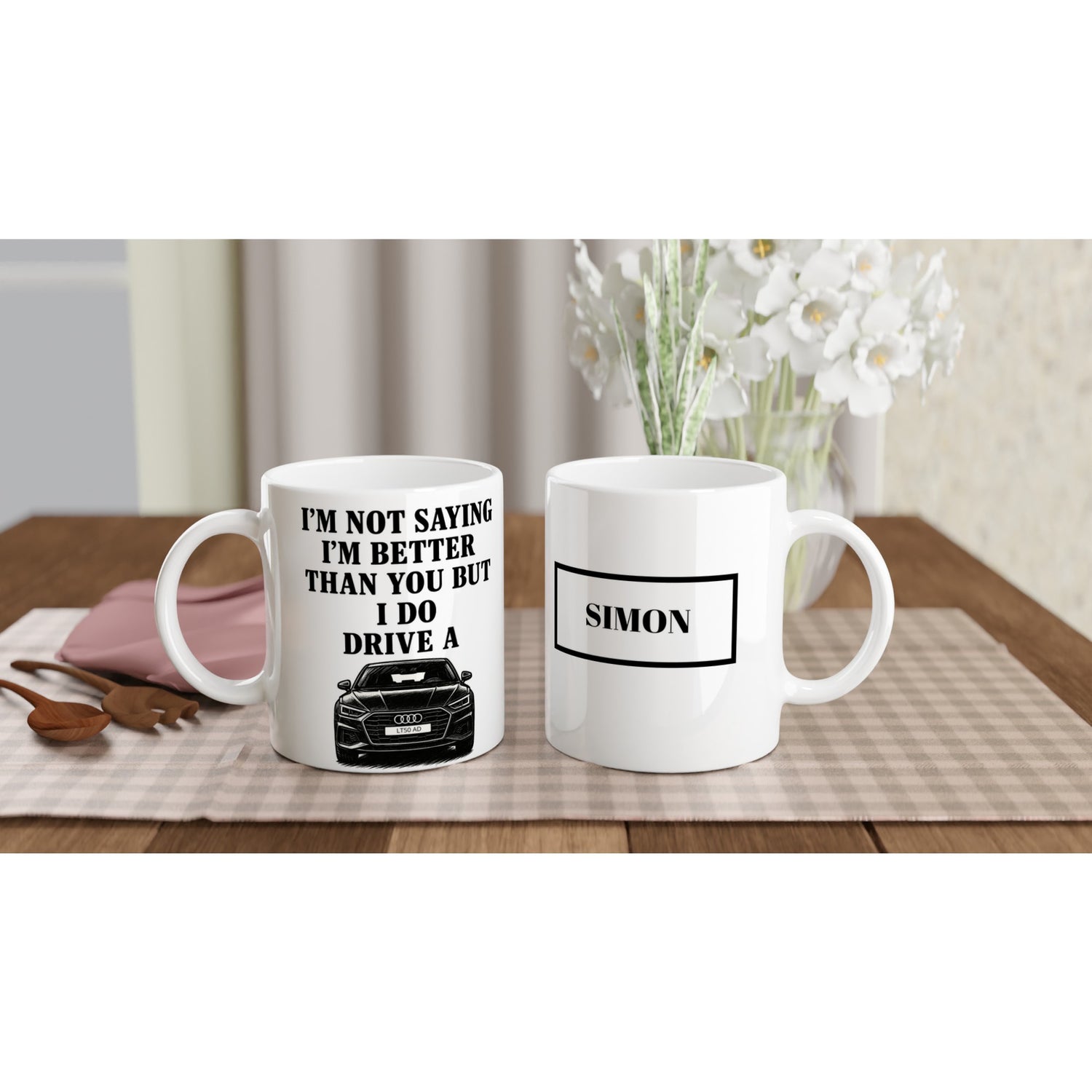 Funny Personalized Audi Mug - Custom Car Lover Dad Gift - Add Name &amp; Number Plate - 11oz Ceramic Ceramic White