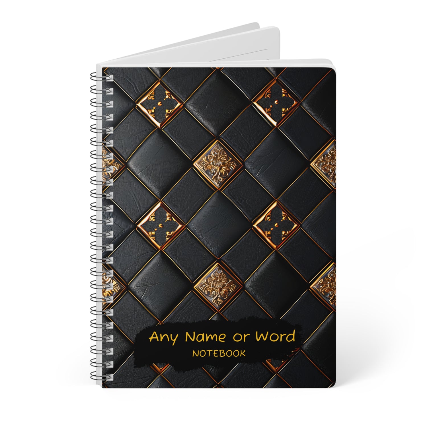 Personalised Luxury Black &amp; Gold Notebook | Elegant A5 Spiral Bound Journal | Sophisticated Leather-Inspired Design