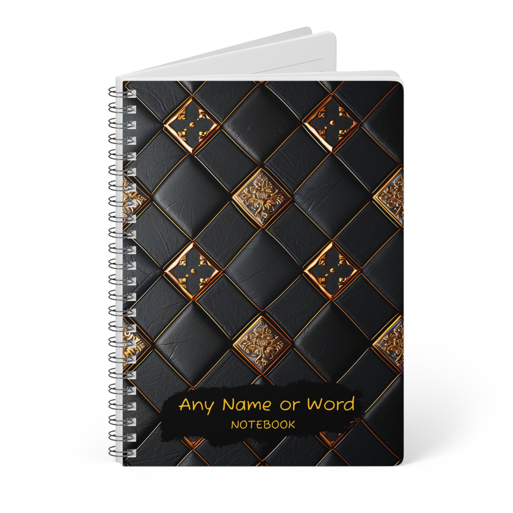 Personalised Luxury Black &amp; Gold Notebook | Elegant A5 Spiral Bound Journal | Sophisticated Leather-Inspired Design