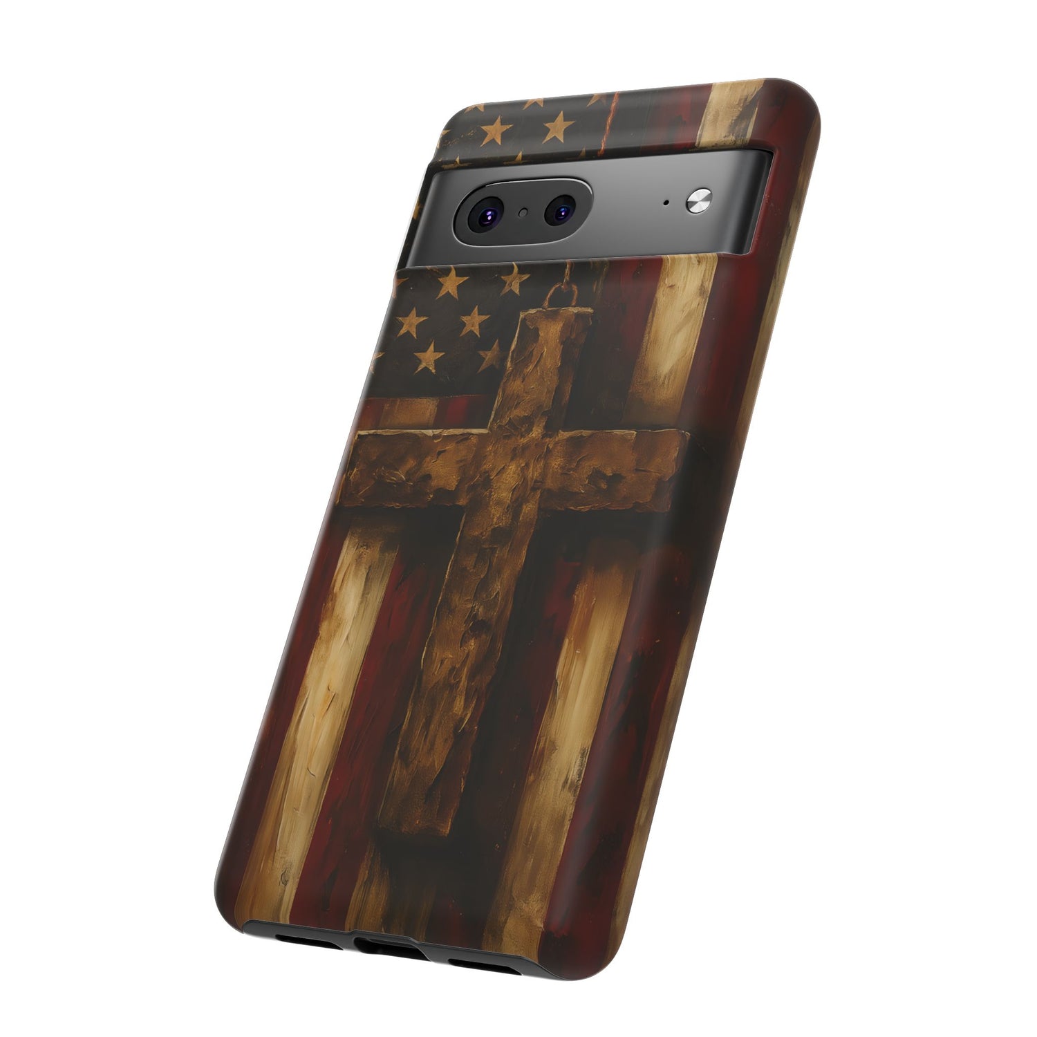 Forged in Faith Phone Case - Rustic Gold Cross &amp; American Flag | Patriotic Christian Case for iPhone, Samsung &amp; Pixel