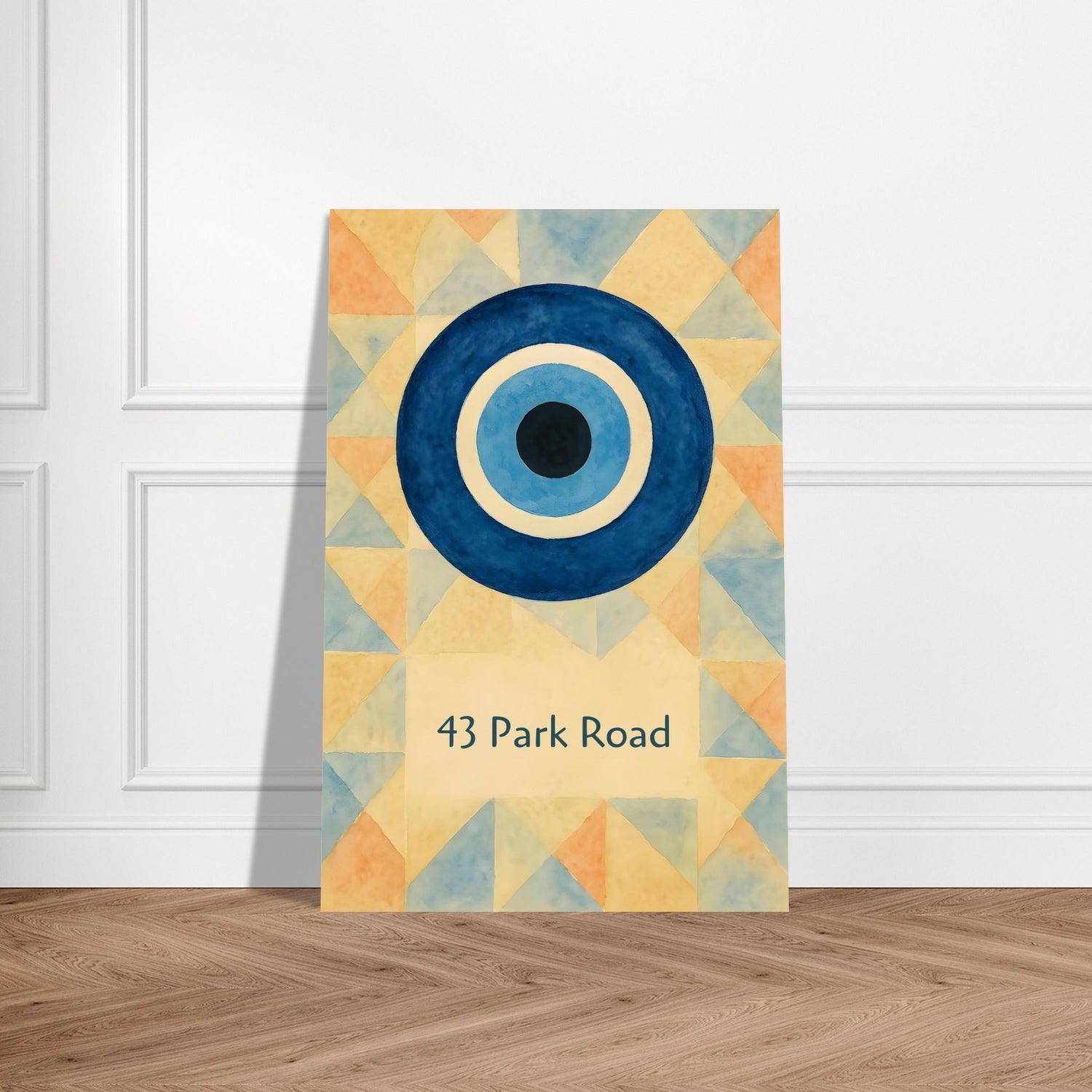 Custom Evil Eye Watercolor Poster | Personalized House Number Print | Geometric Nazar Wall Art, Unframed | ISO A1 A2 A3 A4 Sizes 30x45 cm 12x18″